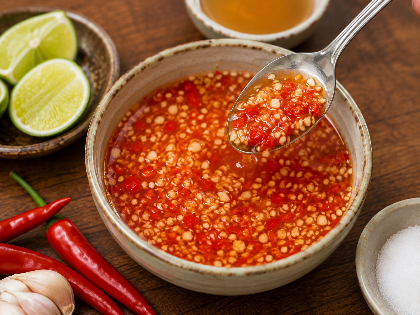 Hội An-style chili sauce made with red chilies, garlic, tomato, sugar, and soy sauce for cơm gà Hội An.