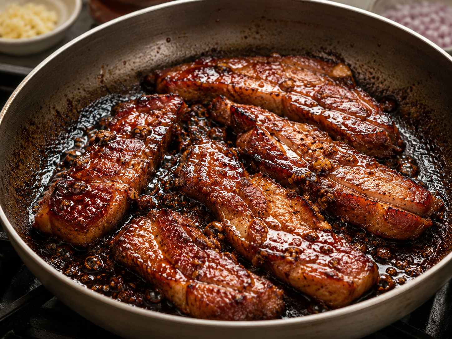 Marinated pork for cao lầu searing in a pan until glossy, caramelized, and browned around the edges.