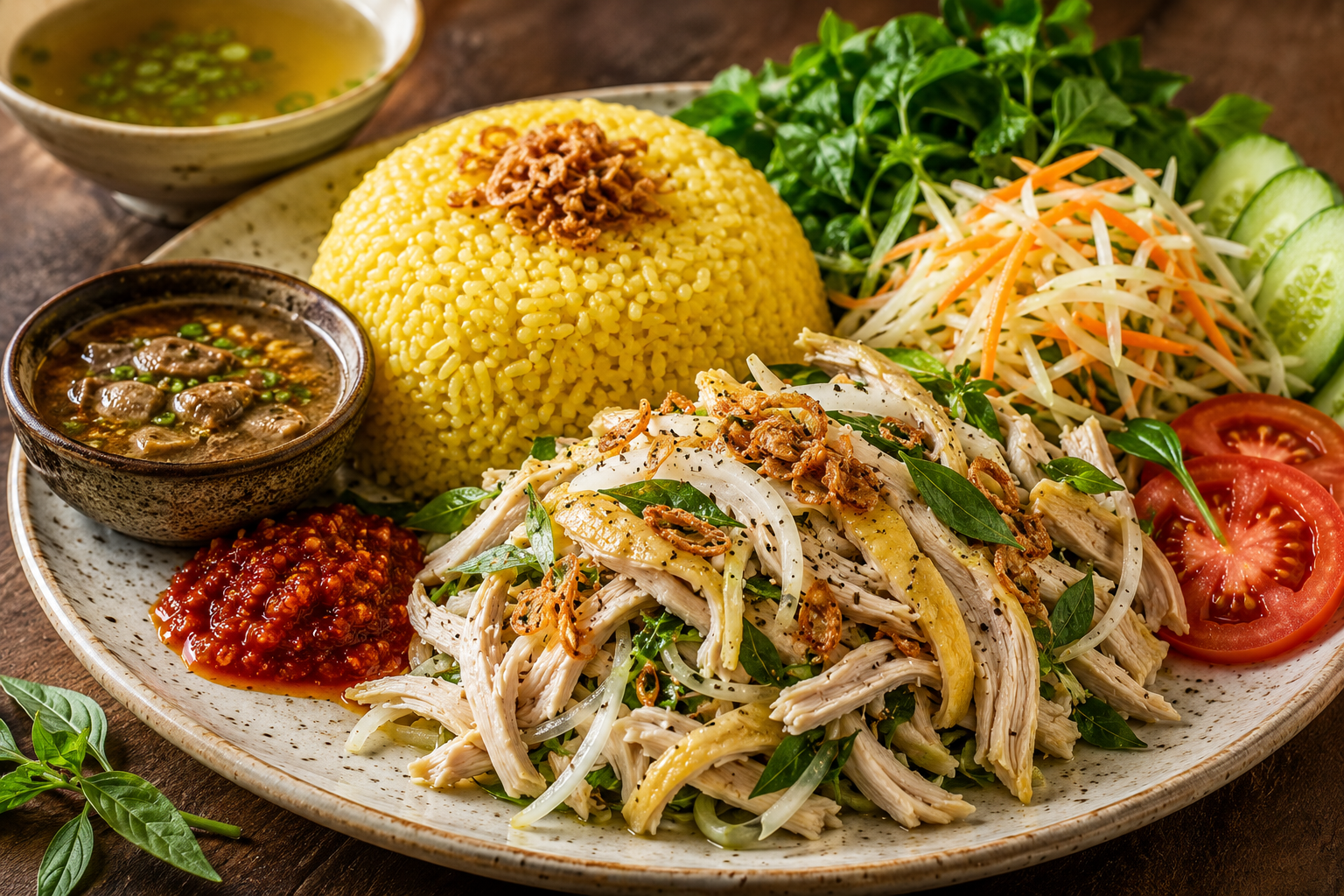 Cơm gà Hội An with golden chicken rice, shredded chicken, onion, rau răm, green papaya and carrot salad, chili sauce, and a small bowl of nước mạ.