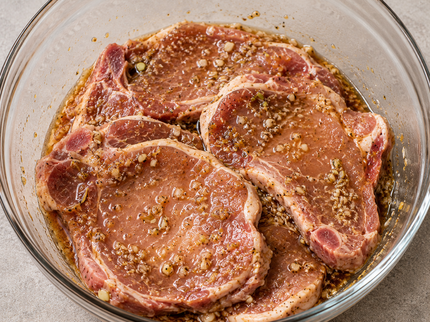 Thin-cut pork chops for Cơm Tấm coated in a fish sauce, garlic, shallot, lemongrass, and honey marinade.
