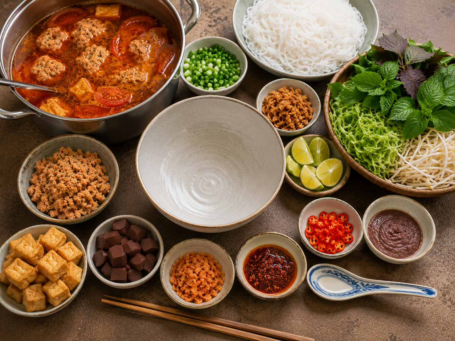 Bún riêu assembly setup with tomato crab broth, rice vermicelli, fried tofu, herbs, lime, chilies, shrimp paste, and an empty serving bowl.