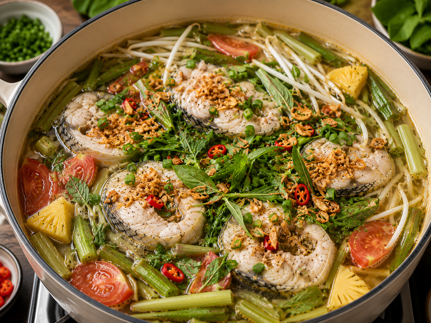 Canh chua cá finished with rice paddy herb, culantro, sliced red chili, scallions, and golden fried garlic over fish, pineapple, tomatoes, okra, and bean sprouts.