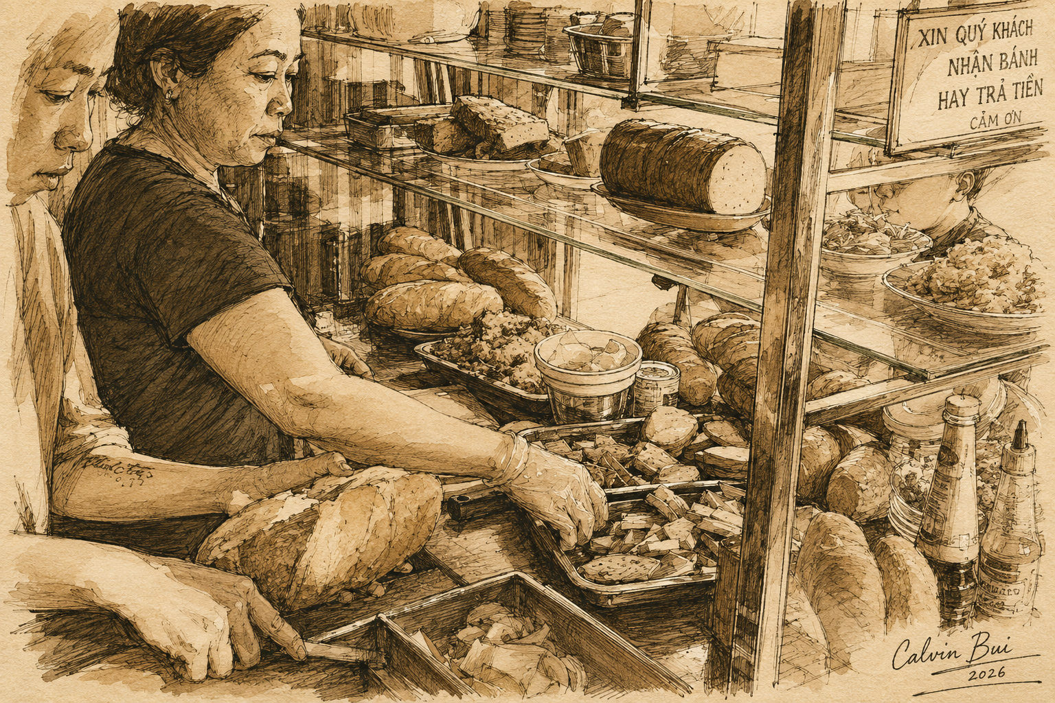 A sepia hand-drawn sketch of the Bánh Mì Hòa Mã glass counter in Saigon with baguettes, Vietnamese cold cuts, pâté, condiments, and staff preparing bánh mì behind the display case.