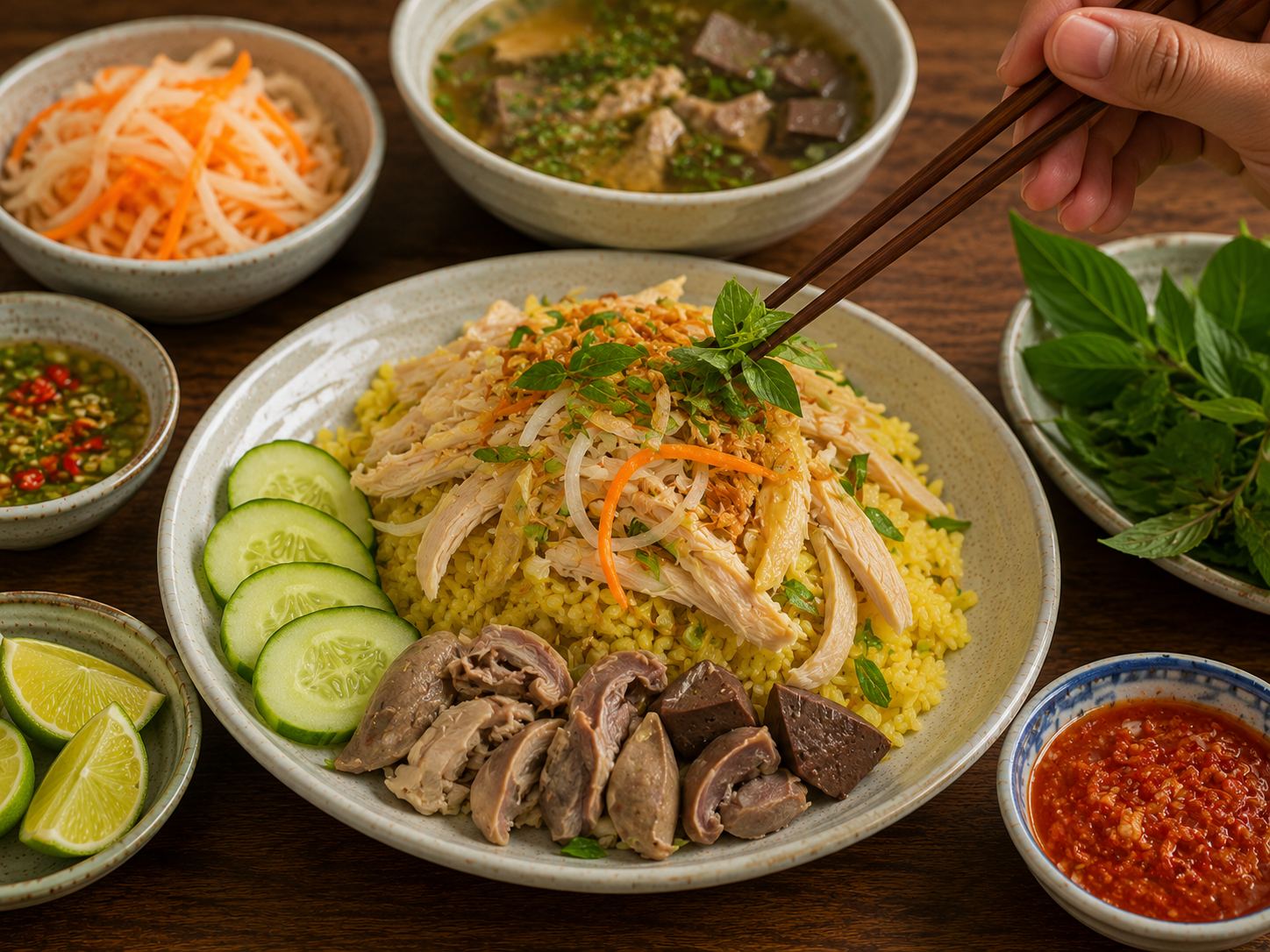 Cơm gà Hội An being assembled with golden rice, shredded chicken, rau răm, fried shallots, cucumber, pickled papaya and carrot, chicken giblets, chili sauce, and nước mạ.