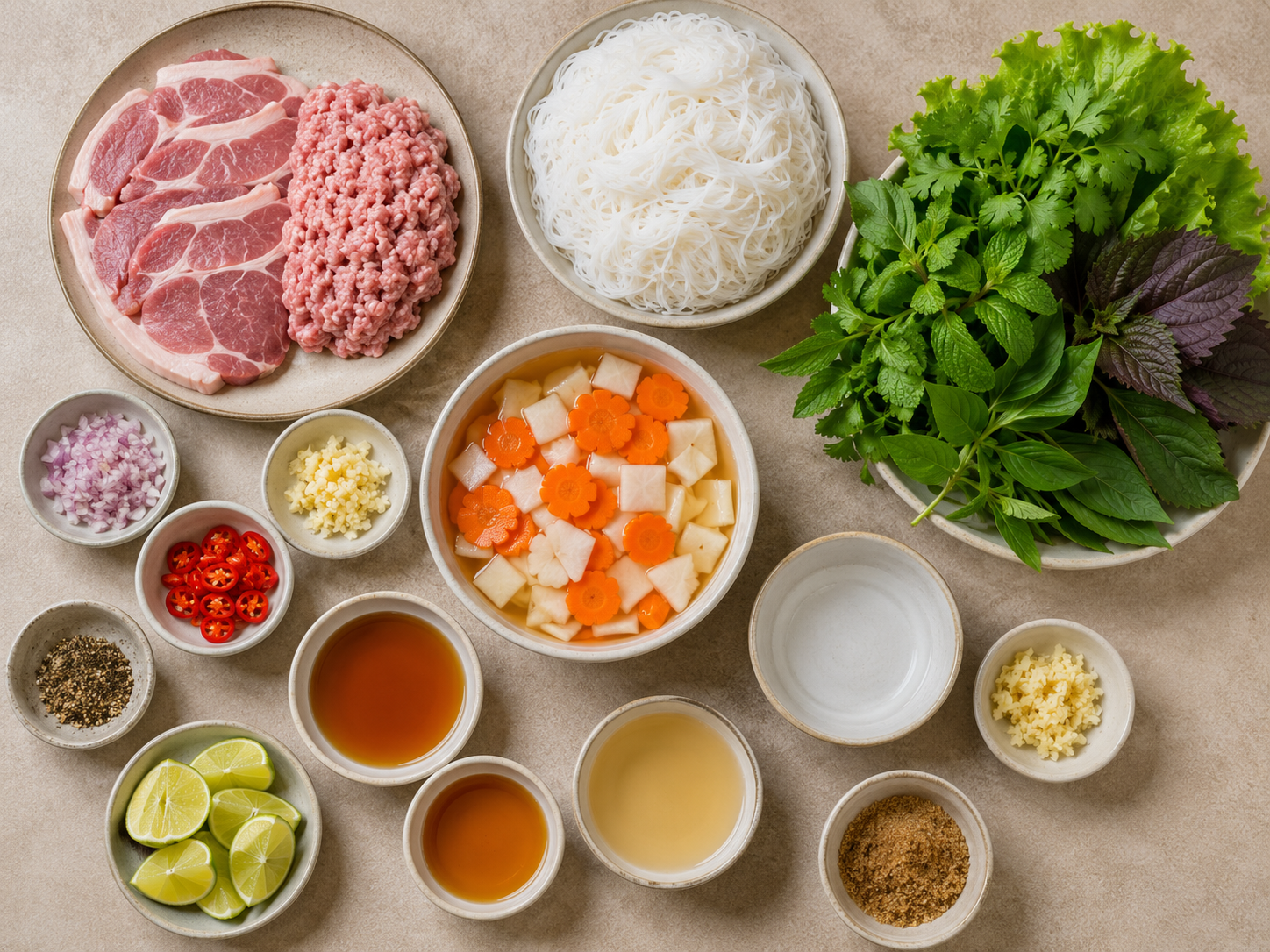 Ingredients for bún chả arranged in a flat lay with sliced pork, ground pork, rice noodles, fresh herbs, fish sauce, garlic, shallots, chili, lime, and sliced pickled carrot and daikon.