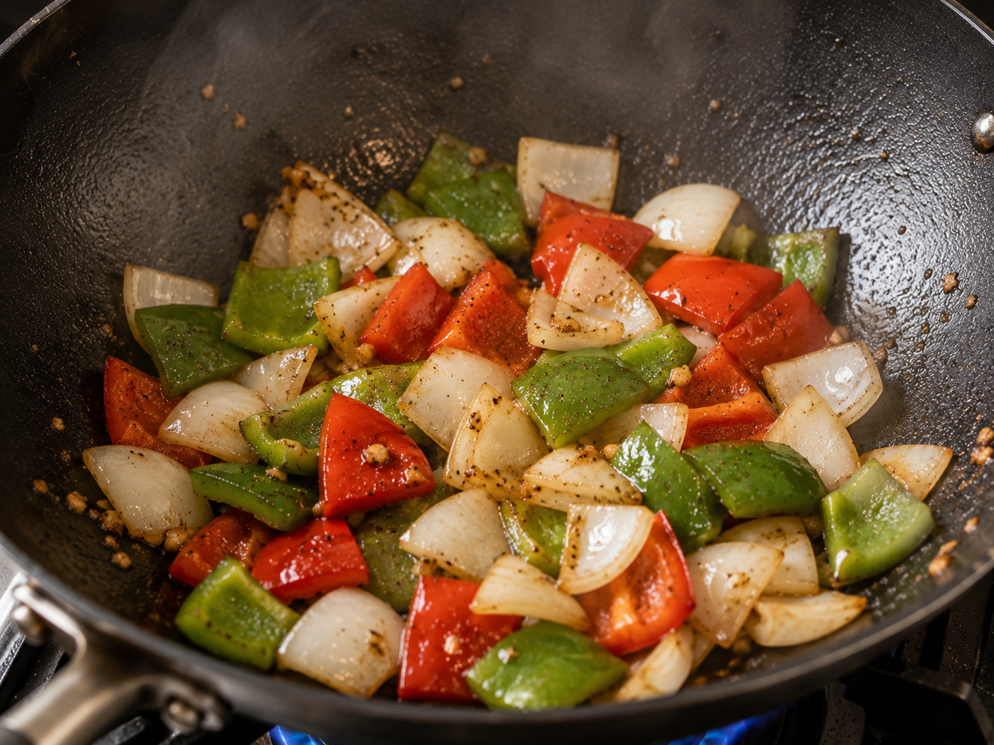 Red and green bell peppers with onion stir-frying in a hot wok until lightly blistered and crisp for bò lúc lắc.