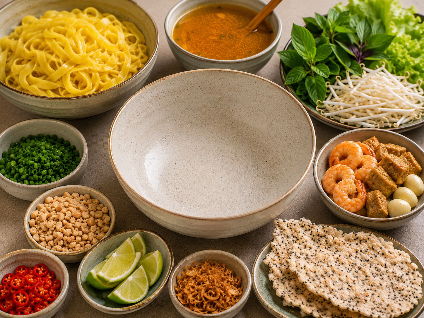 An empty bowl set up for assembling Mì Quảng with turmeric noodles, golden broth, shrimp, pork, quail eggs, herbs, peanuts, lime, chili, fried shallots, and sesame rice crackers arranged around it.