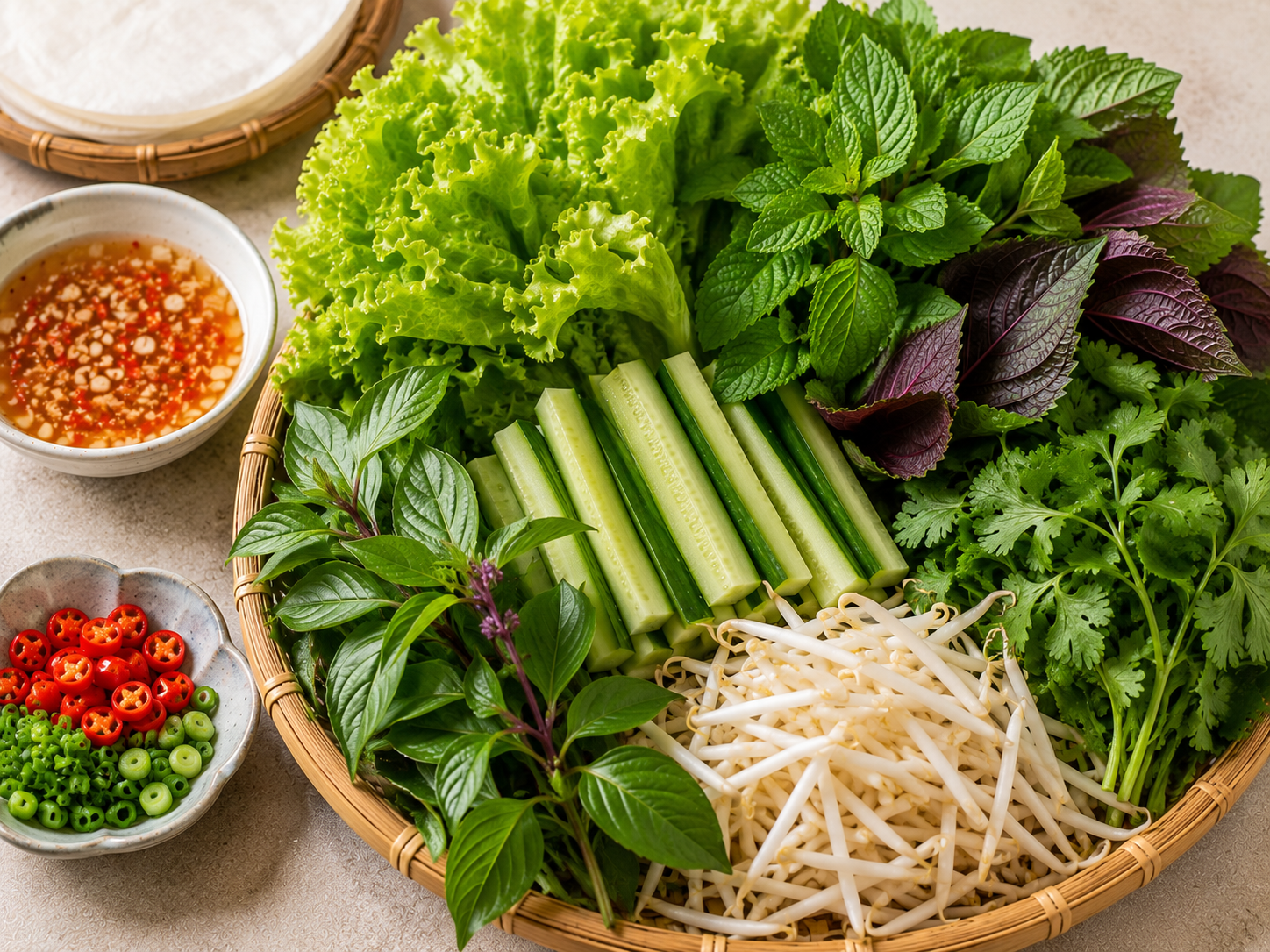 Fresh lettuce, cucumber, mint, Thai basil, perilla, cilantro, and bean sprouts arranged for serving with bánh xèo.
