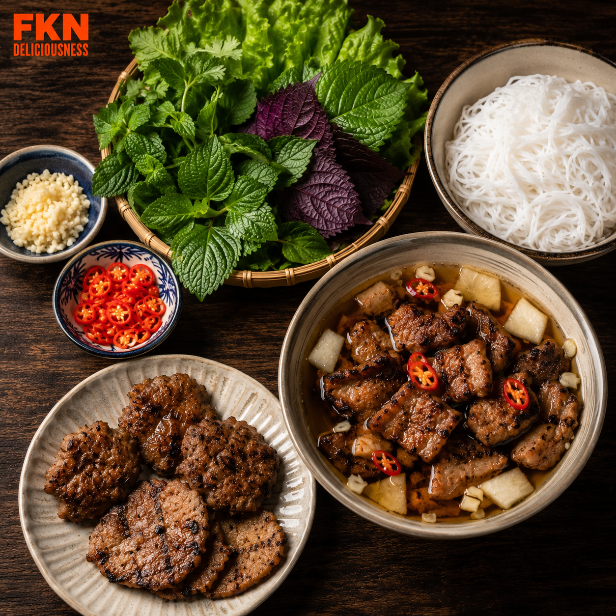 Bún chả Hanoi with grilled pork patties and sliced pork served separately with fish sauce dipping broth, rice vermicelli noodles, fresh herbs, garlic, and red chili.