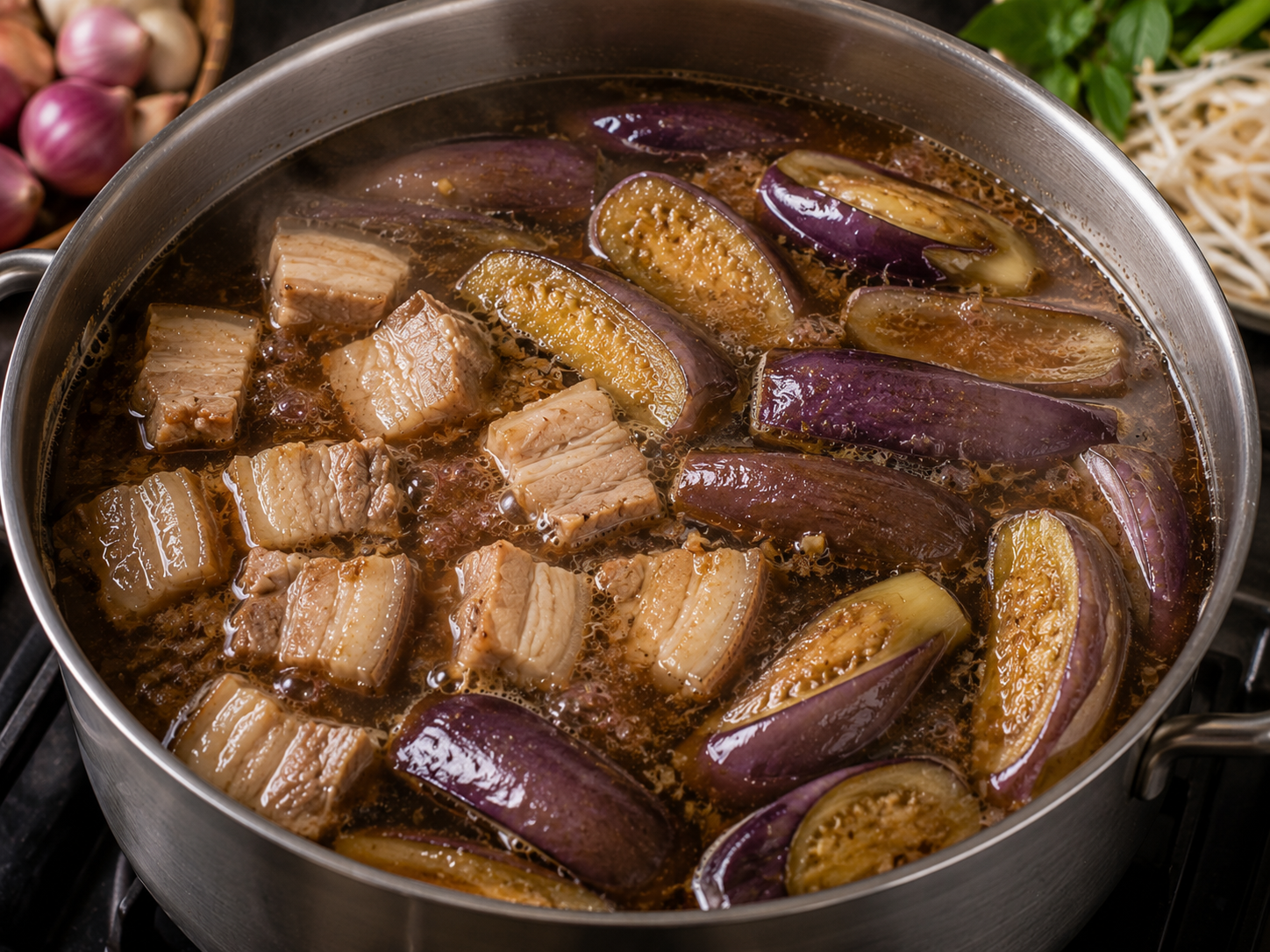 Pork belly and eggplant wedges simmering in dark fermented fish broth for bún mắm.