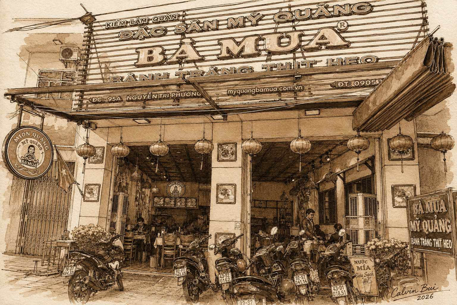 Hand-drawn sepia urban sketch of Mì Quảng Bà Mua in Đà Nẵng, showing the yellow storefront, large signage, hanging lanterns, parked scooters, and Calvin Bui 2026 artist signature.