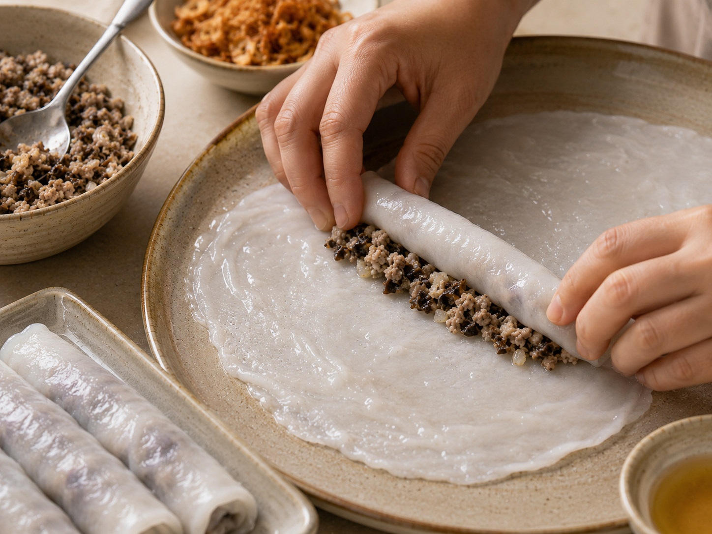 Bánh cuốn rice sheet being filled with pork and wood ear mushroom filling and gently rolled by hand.