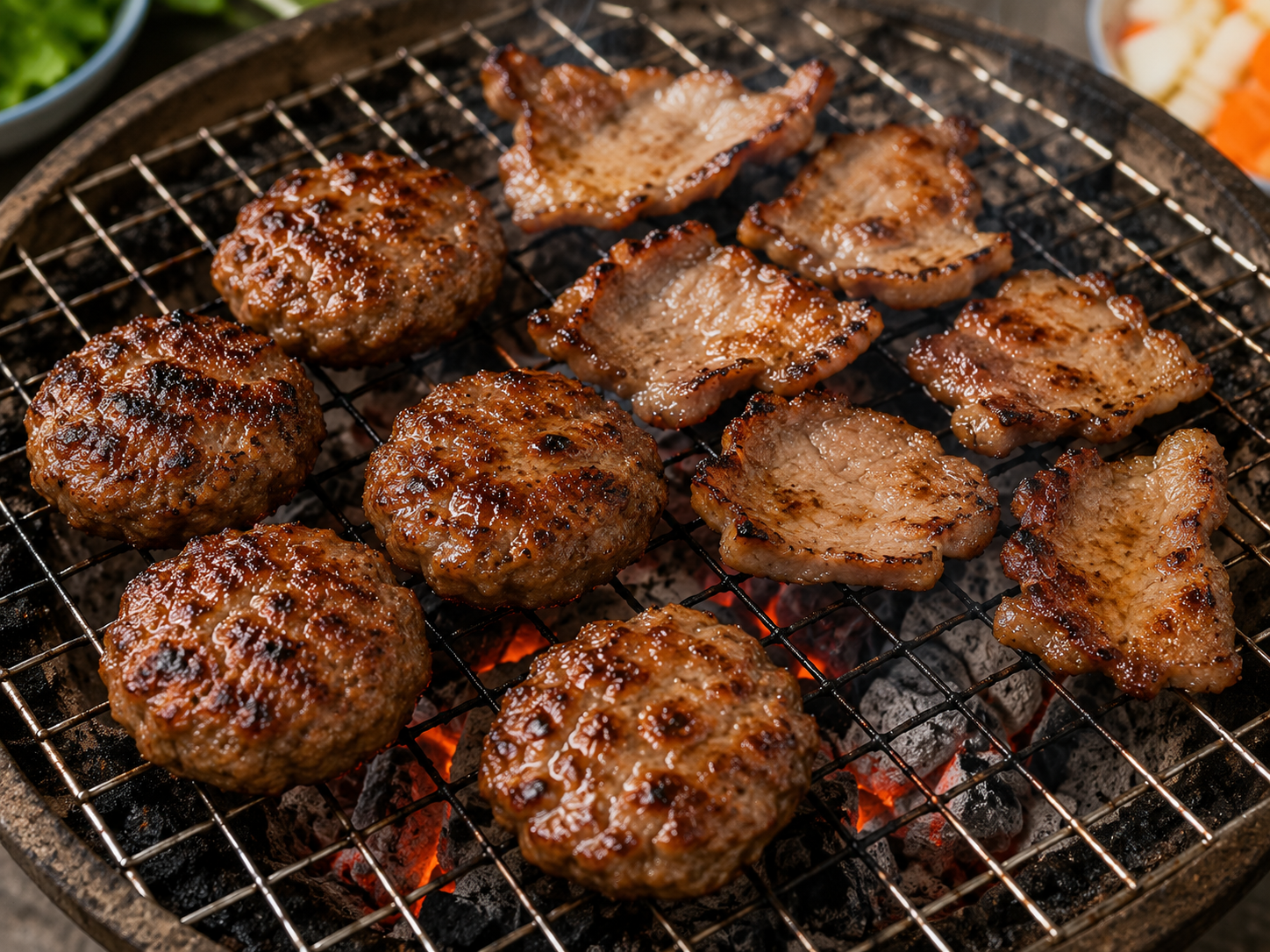 Bún chả pork patties and sliced pork grilling over charcoal until caramelized, smoky, and lightly charred.