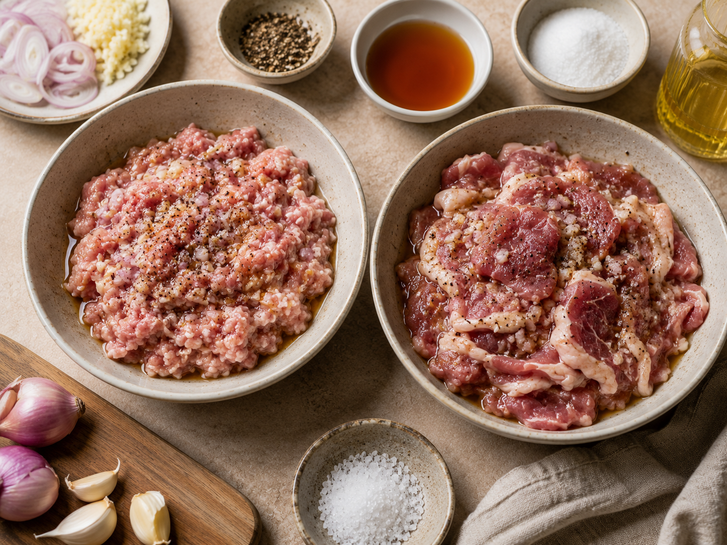 Ground pork and sliced pork being prepared with fish sauce, garlic, shallots, sugar, oil, salt, and black pepper for bún chả.