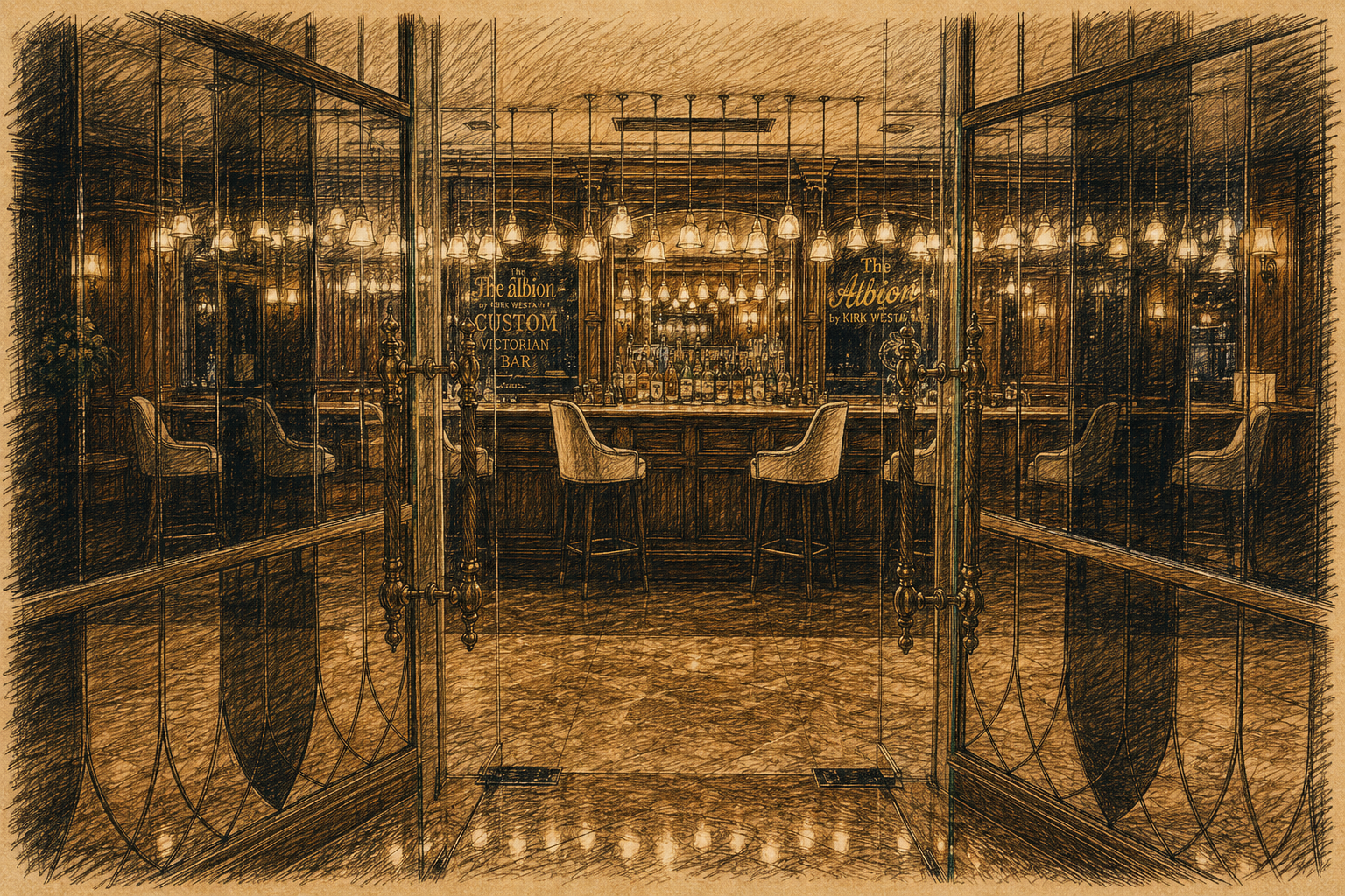 Hand-drawn editorial sketch of The Albion by Kirk Westaway at Hôtel des Arts Saigon, showing the glass entrance, warm Victorian-style bar, marble floors, glowing pendant lights, polished wood, and luxury fine-dining atmosphere.