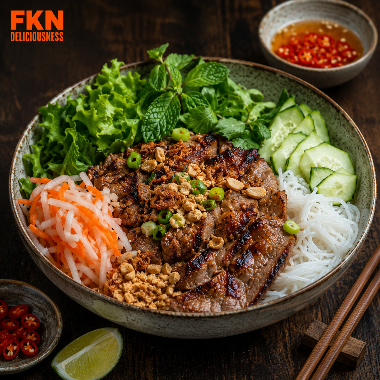 Bún thịt nướng Vietnamese grilled pork vermicelli with smoky grilled pork, rice noodles, fresh herbs, cucumber, pickled vegetables, peanuts, fried shallots, and nước chấm.