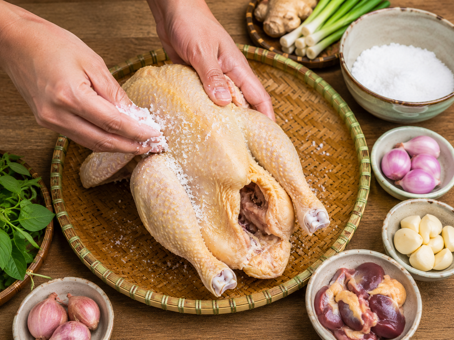 Whole chicken being rubbed with kosher salt on a woven tray while preparing cơm gà Hội An.