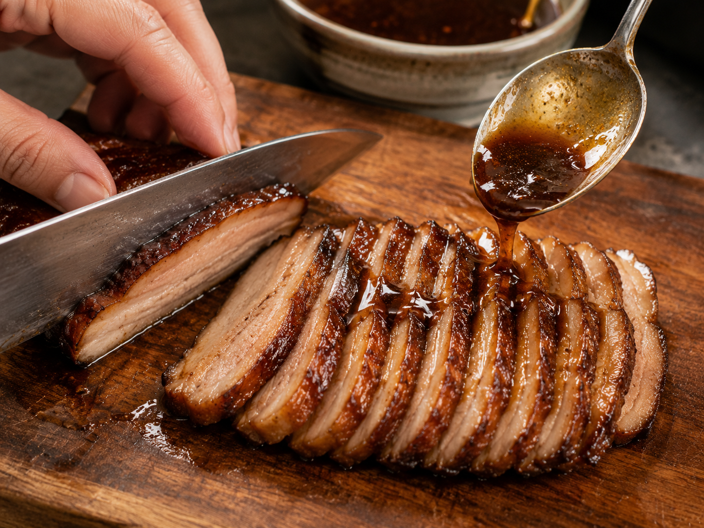 Sliced pork for cao lầu arranged on a wooden cutting board with warm savory sauce spooned over the top to keep the pieces glossy.