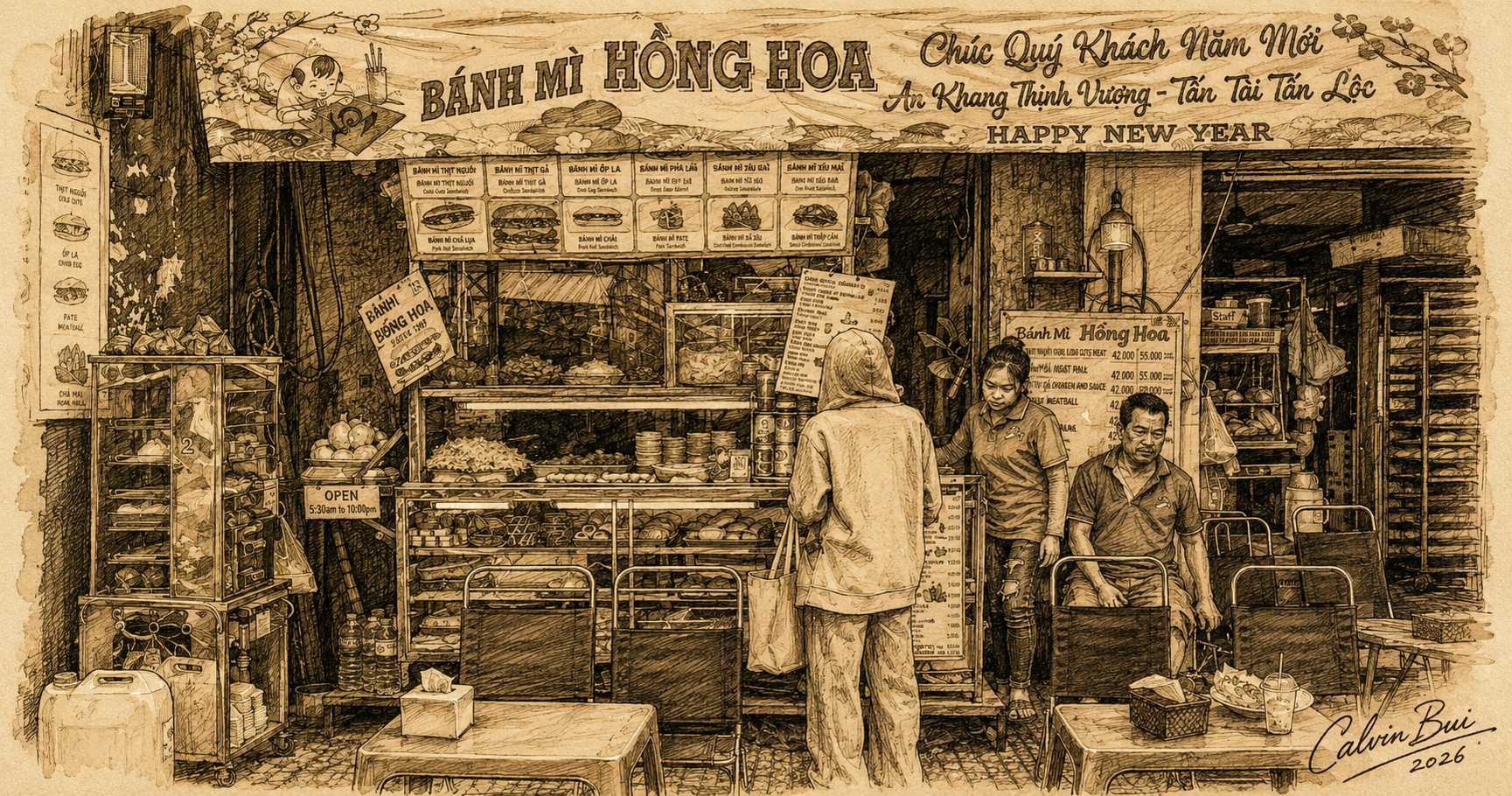 Sepia hand-drawn urban sketch of Bánh Mì Hồng Hoa on Nguyễn Văn Tráng in Saigon, showing the storefront, menu boards, display counter, customers, seating, staff, and an artistic cursive Calvin Bui 2026 signature in the lower-right corner.