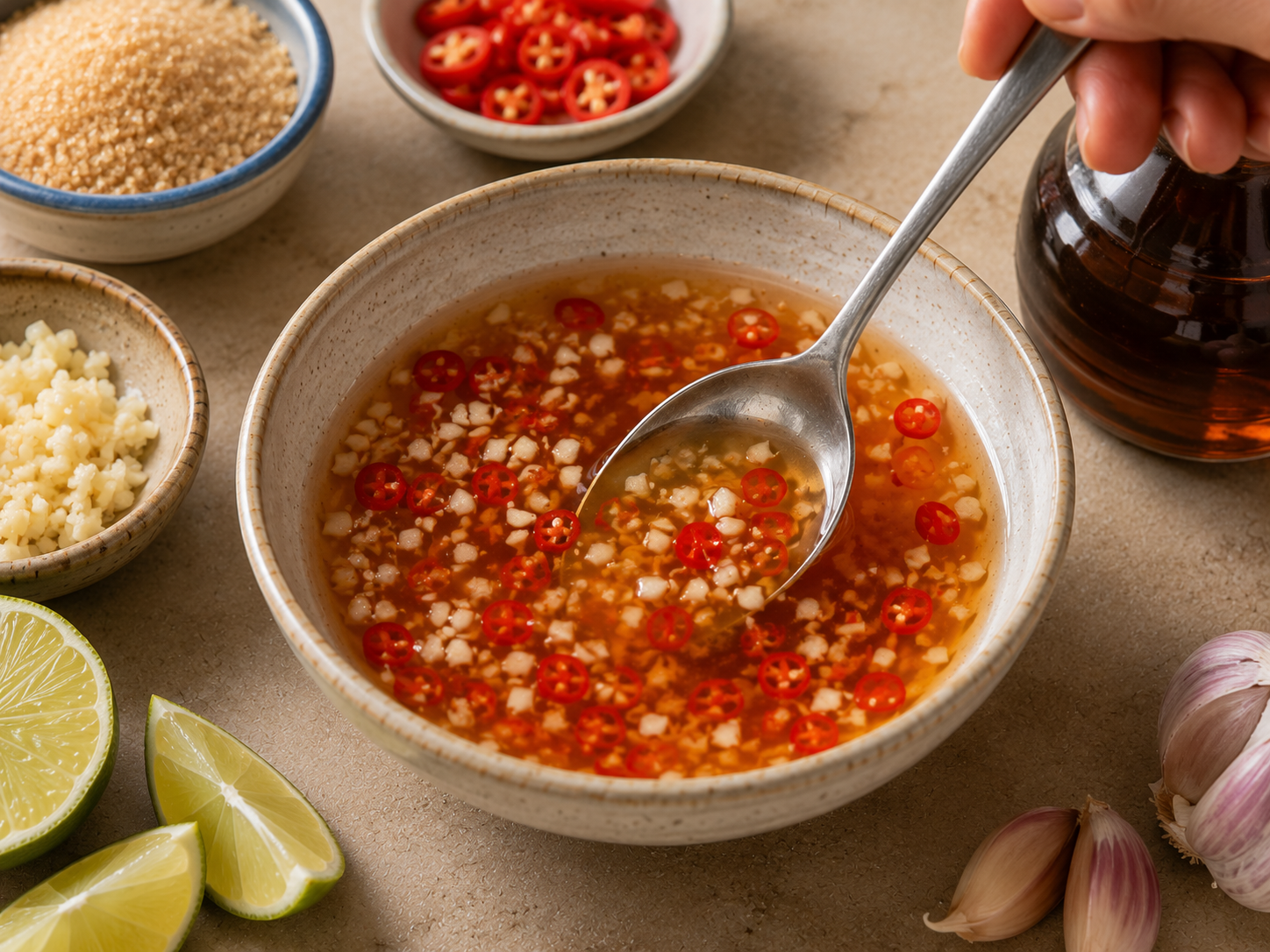 Nước chấm dipping sauce with fish sauce, lime, garlic, sugar, and sliced chile for bánh cuốn Vietnamese steamed rice rolls.