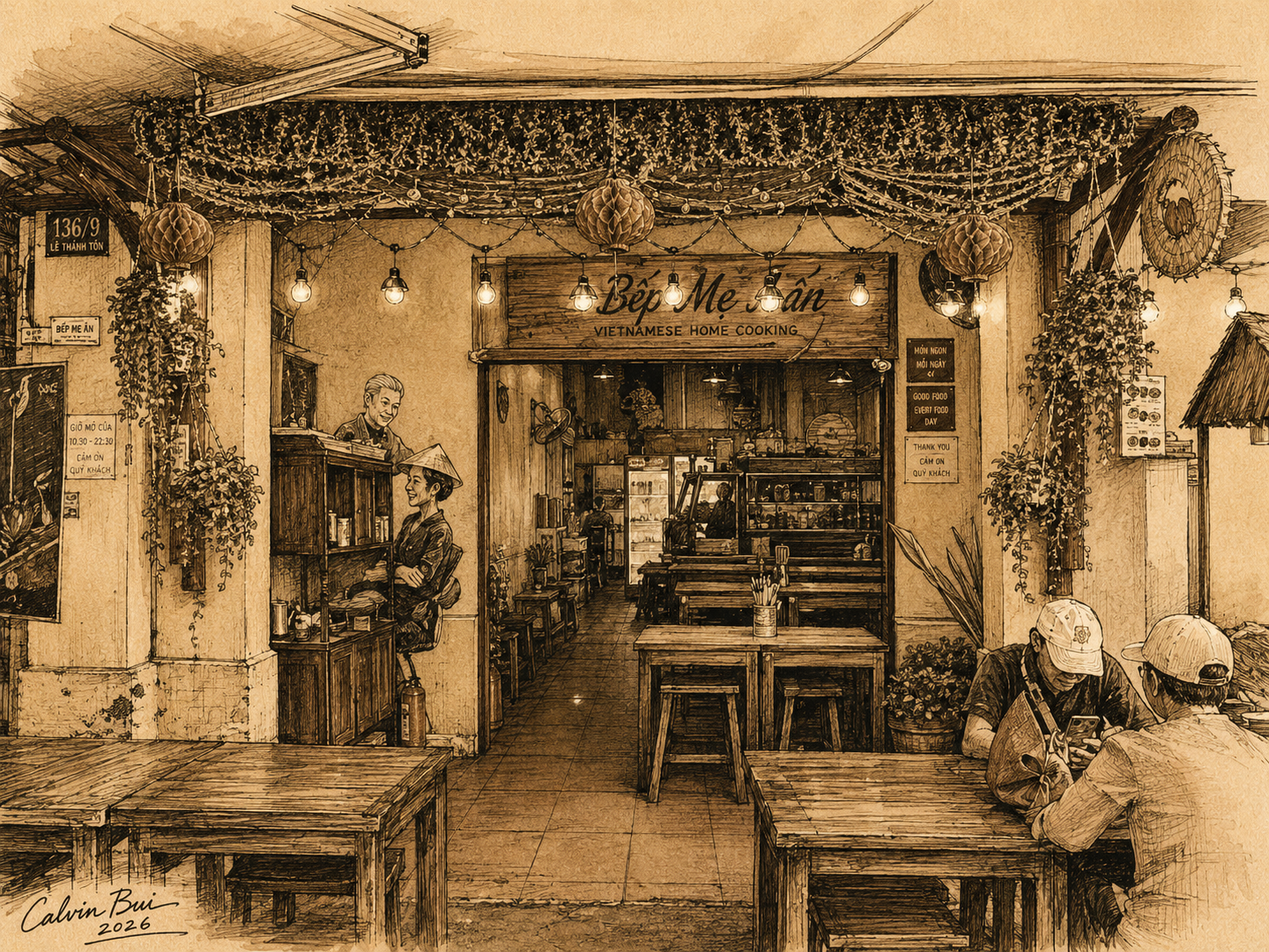 Hand-drawn sepia urban sketch of Bếp Mẹ Ỉn in Saigon, showing the yellow storefront, hanging lanterns, wooden tables, painted wall art, diners, and warm Vietnamese home-cooking atmosphere.