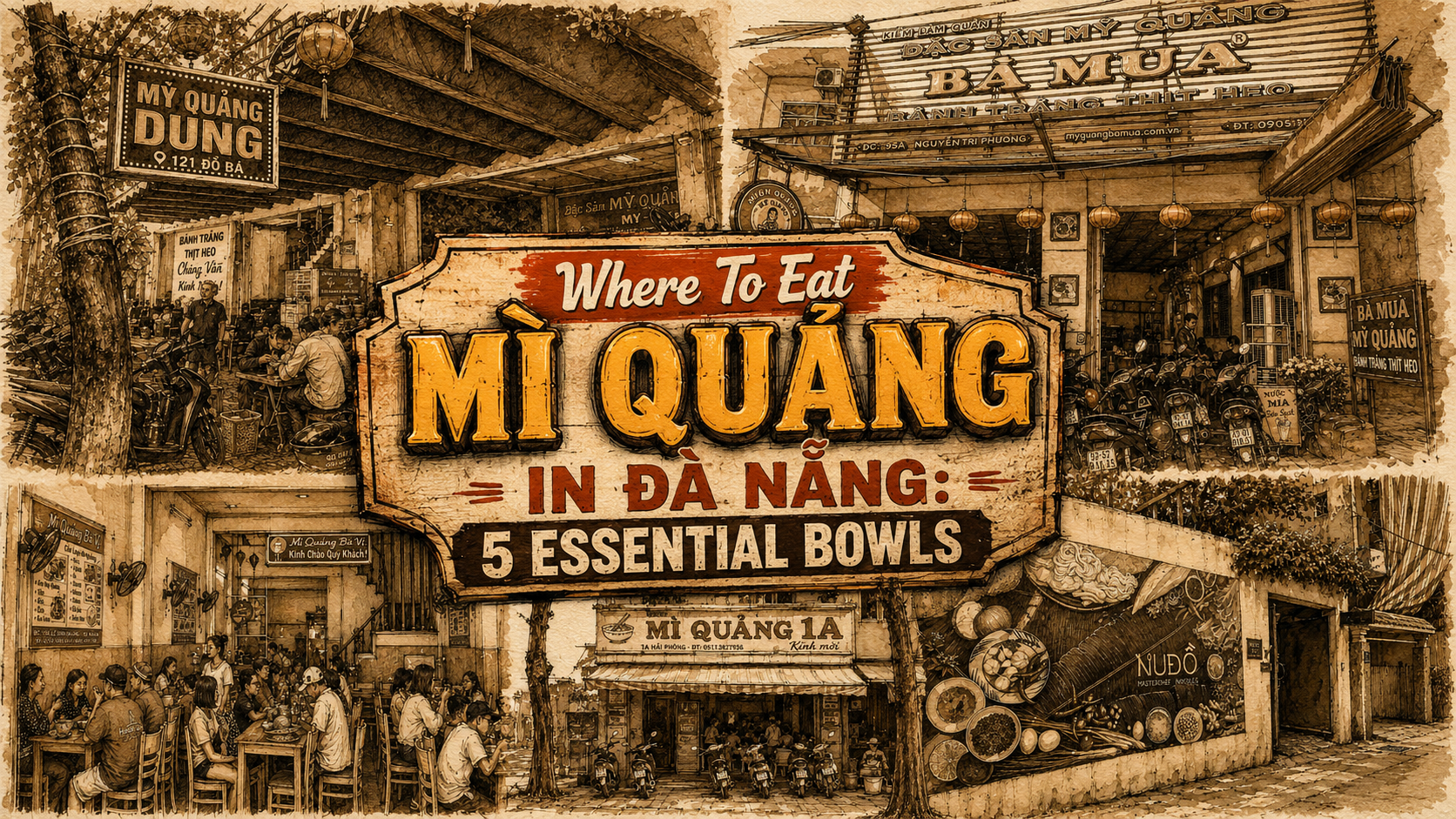 Sepia hand-drawn FKN DELICIOUSNESS hero collage for Where To Eat Mì Quảng In Đà Nẵng, featuring five illustrated Đà Nẵng mì quảng restaurant storefronts, motorbikes, diners, street signs, and a bold central title panel.