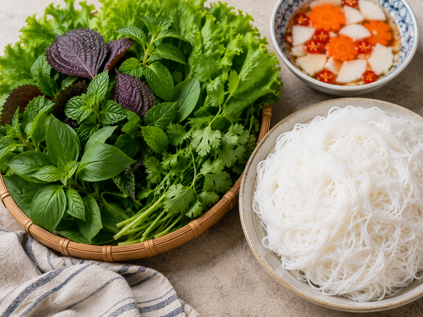 Rice vermicelli noodles served with fresh lettuce, mint, cilantro, Thai basil, perilla, and sliced pickled vegetables for bún chả.