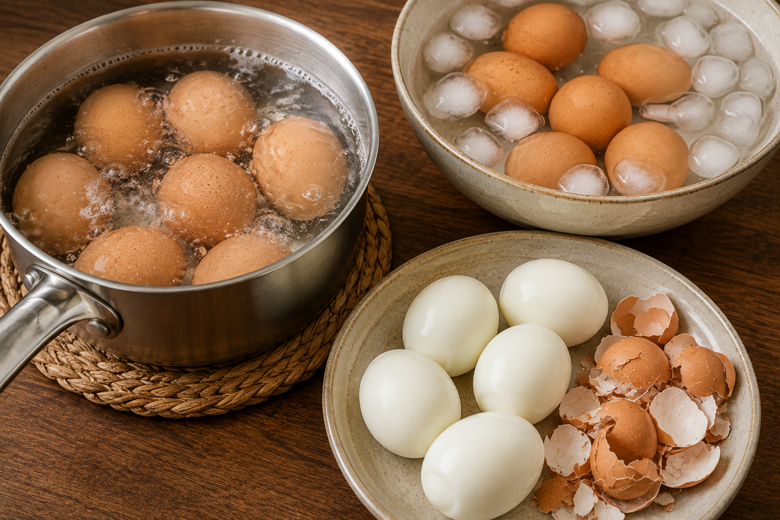 Eggs being boiled, cooled in an ice bath, and peeled for thịt kho trứng.