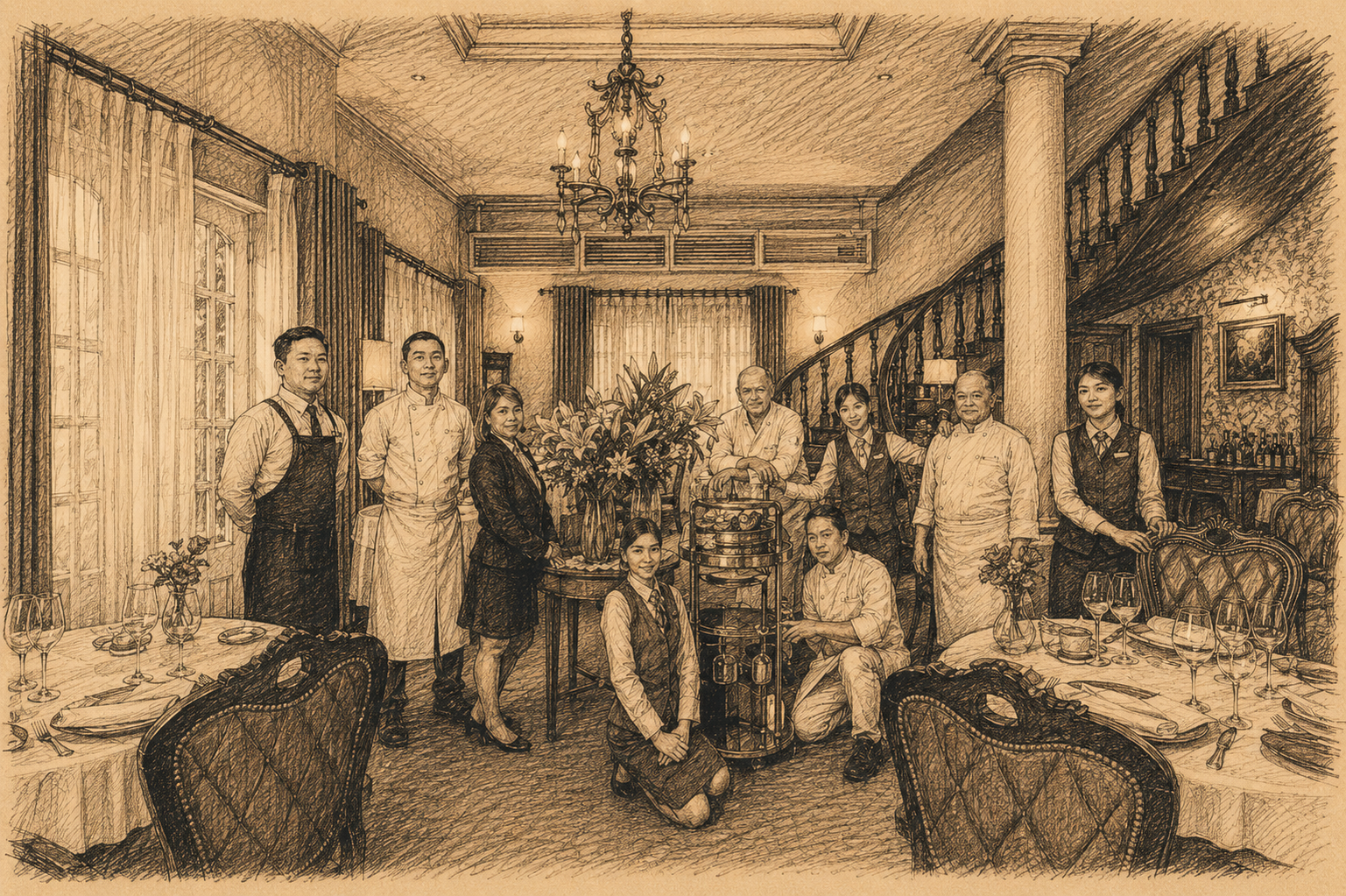 Hand-drawn sepia pencil-and-ink sketch of La Villa French Restaurant in Ho Chi Minh City, showing the elegant villa dining room, formal service team, white tablecloth settings, chandelier, staircase, and classic French restaurant atmosphere.