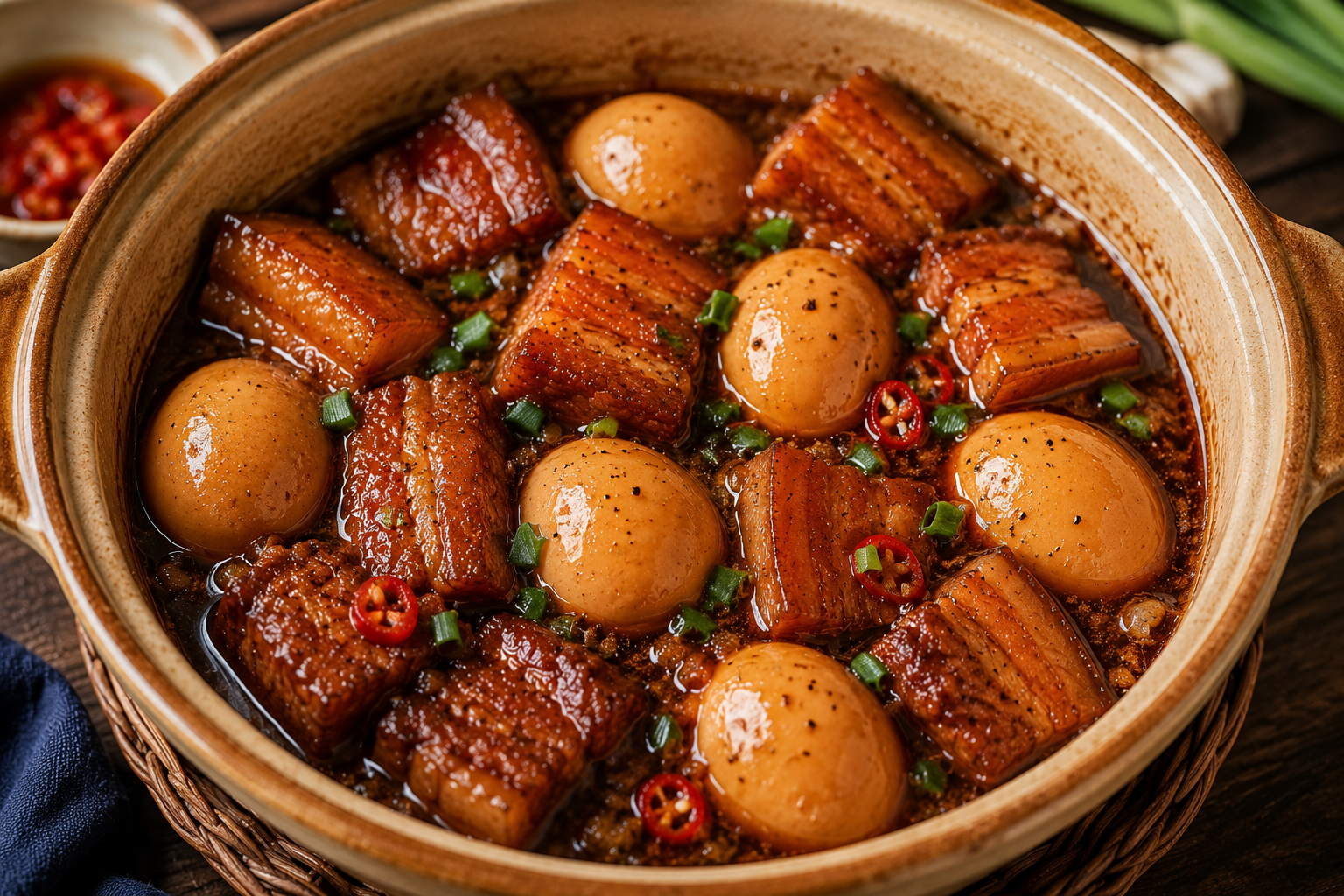 Finished thịt kho trứng with tender caramelized pork belly and whole braised eggs in a glossy amber broth, topped with scallions and sliced red chili.