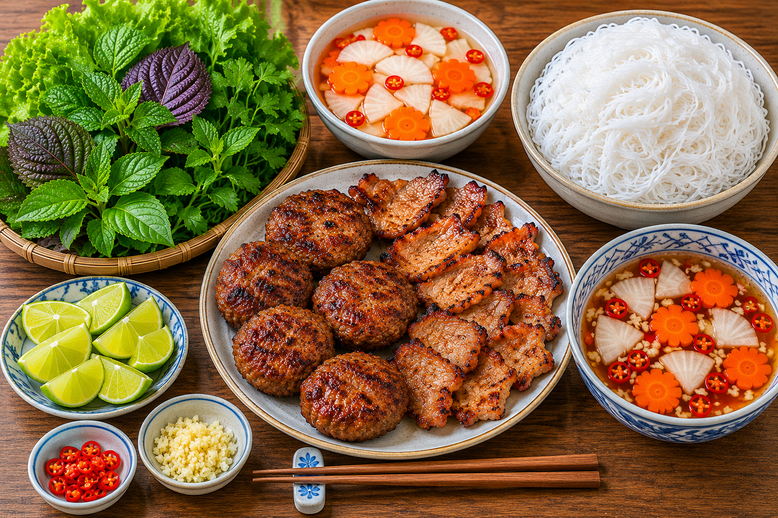 Bún chả components ready for assembly with grilled pork patties, sliced pork, rice noodles, fresh herbs, sliced pickled carrot and daikon, chili, lime, garlic, and dipping sauce.