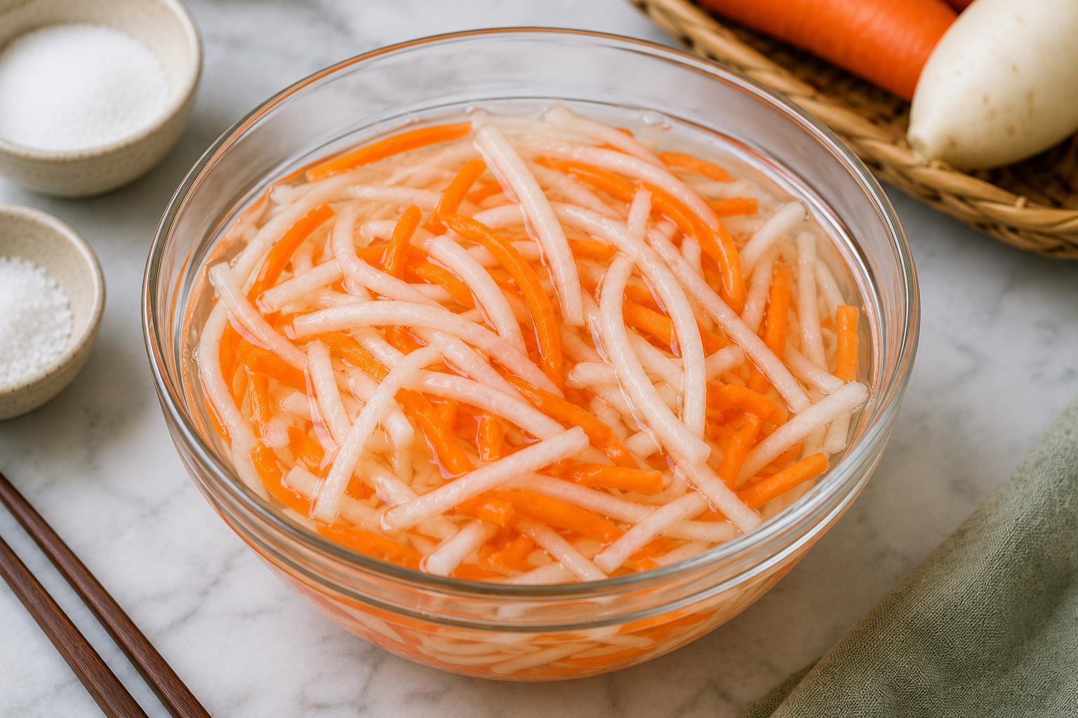 Pickled carrot and daikon soaking in brine for bánh mì thịt nguội, with crisp matchstick vegetables ready for assembly.