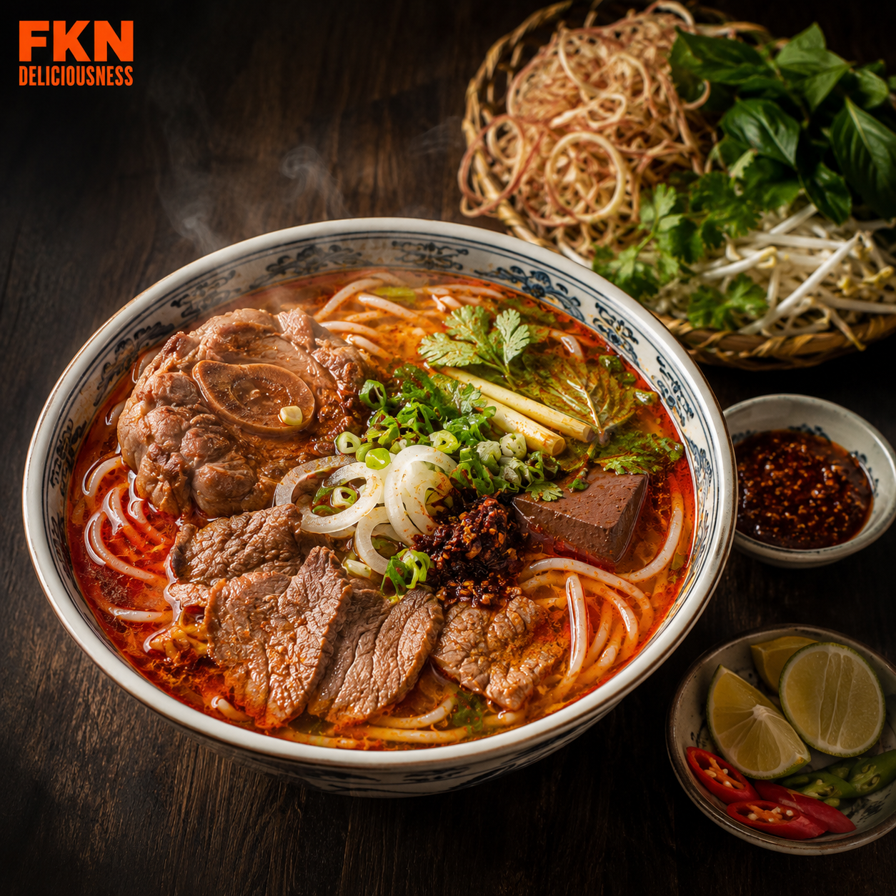 Bún Bò Huế, Vietnam’s spicy beef noodle soup from Huế, with round rice noodles, sliced beef, chili oil, lemongrass broth, herbs, lime, and banana blossom.