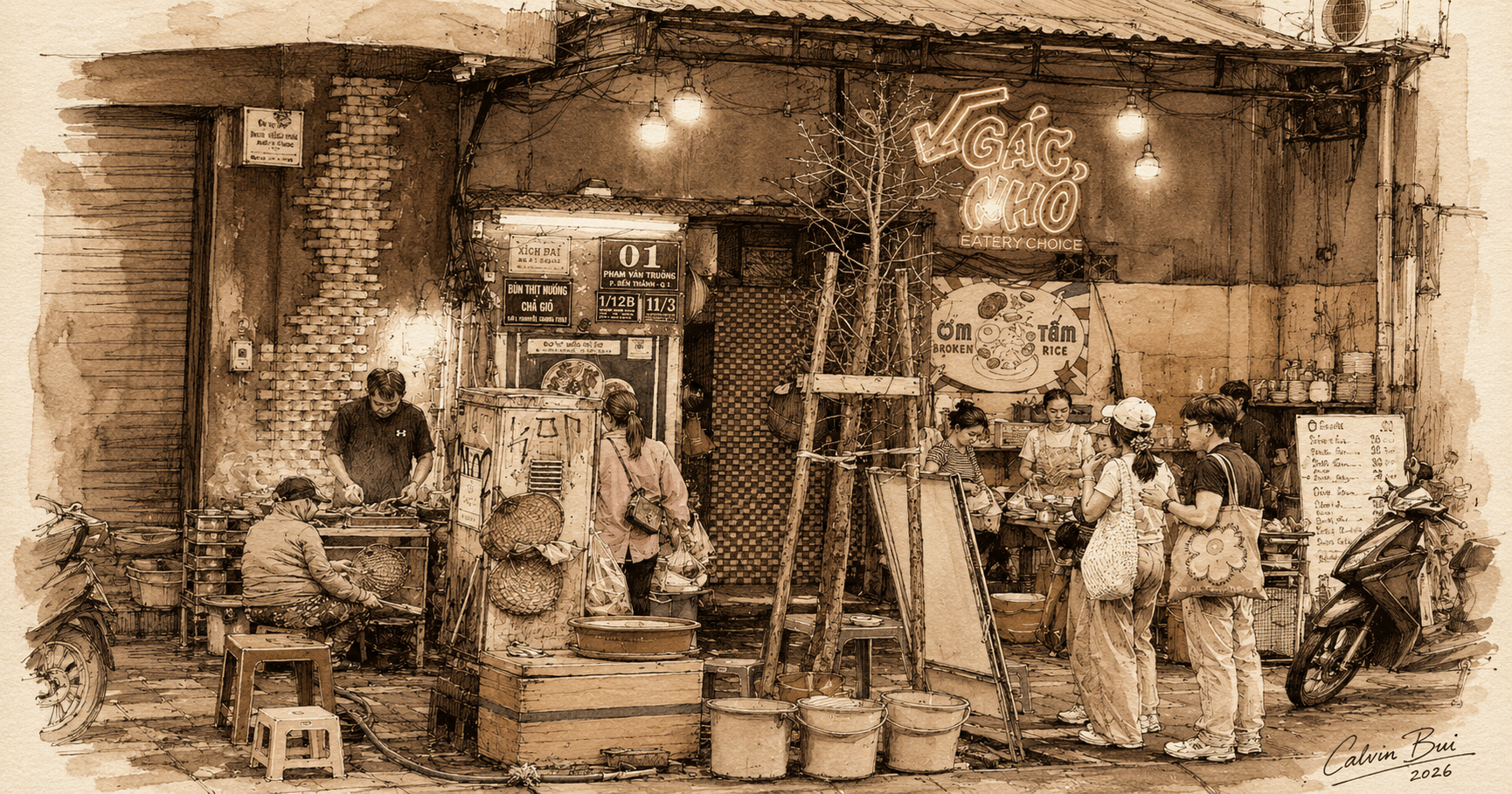 Hand-drawn sepia urban sketch of the bún thịt nướng stall on Nguyễn Trung Trực in Saigon with the storefront, grill cart, neon signage, small stools, pedestrians, buckets, scooters, and lived-in street atmosphere.