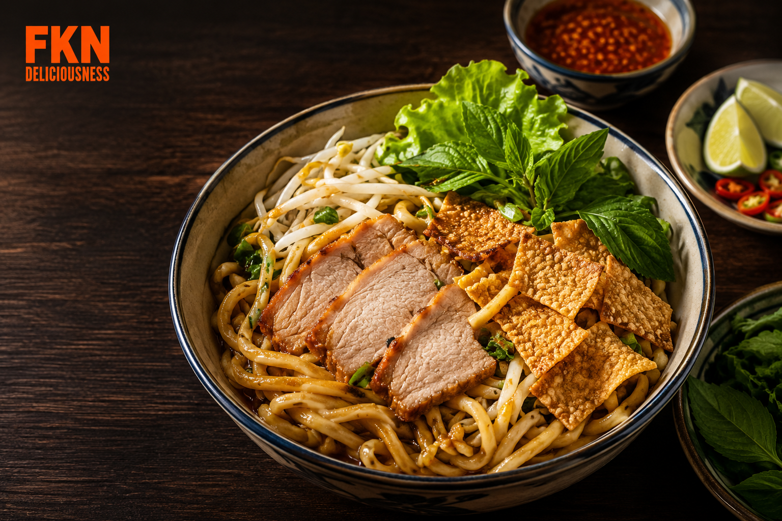 Cao lầu, Hội An’s chewy pork noodles, served with seasoned pork slices, thick yellow noodles, fresh herbs, bean sprouts, crispy noodle pieces, chili sauce, and lime on a dark wooden table.