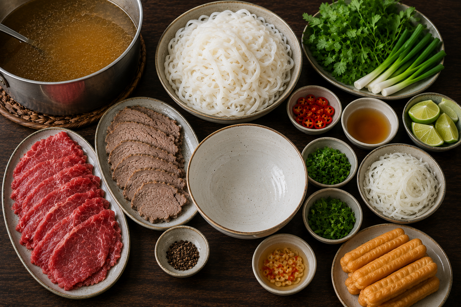Warm wide bánh phở noodles, sliced raw beef, cooked brisket, onion, scallions, cilantro, lime, chilies, chili vinegar, fish sauce, quẩy, and hot broth arranged for assembling Northern-style phở bò.