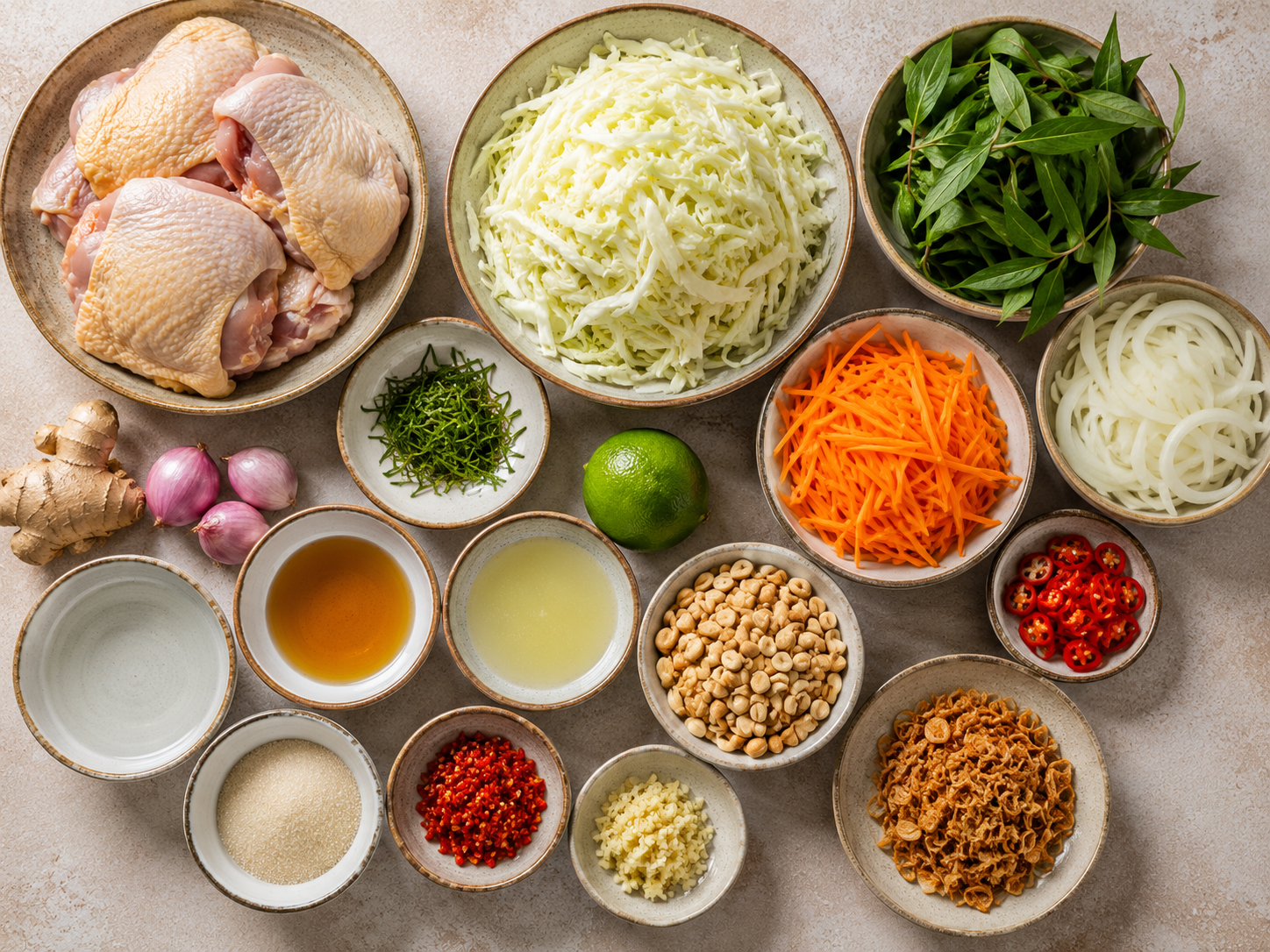 Ingredients for gỏi gà bắp cải arranged in a flat lay, including chicken thighs, shredded cabbage, carrot, onion, rau răm, lime, fish sauce, garlic, chili, peanuts, and fried shallots.