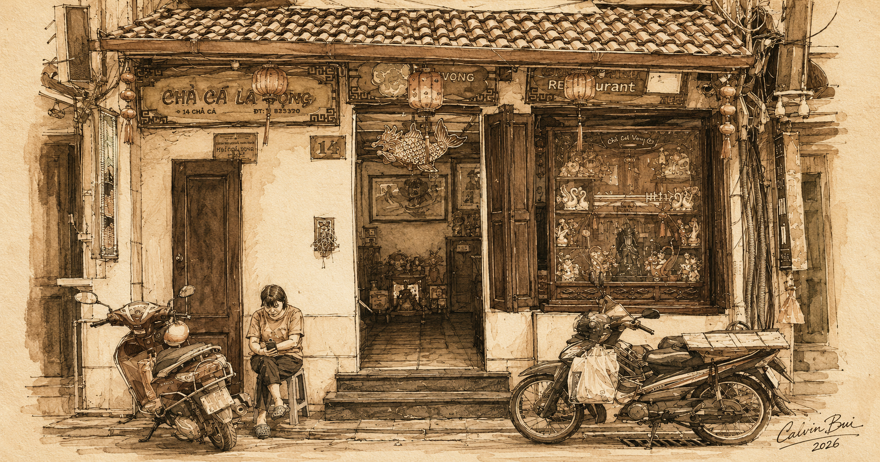 Hand-drawn sepia urban sketch of the Chả Cá Lã Vọng storefront in Hanoi with red lanterns, parked scooters, a seated woman, and the restaurant entrance on Chả Cá Street.