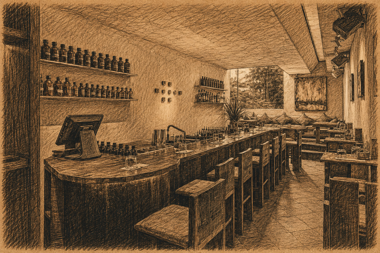 Hand-drawn sepia pencil-and-ink sketch of Hybrid Saigon in Ho Chi Minh City, showing a long wooden cocktail counter, bar stools, bottle shelves, lounge seating, large windows, abstract wall art, and a calm modern drinking room.