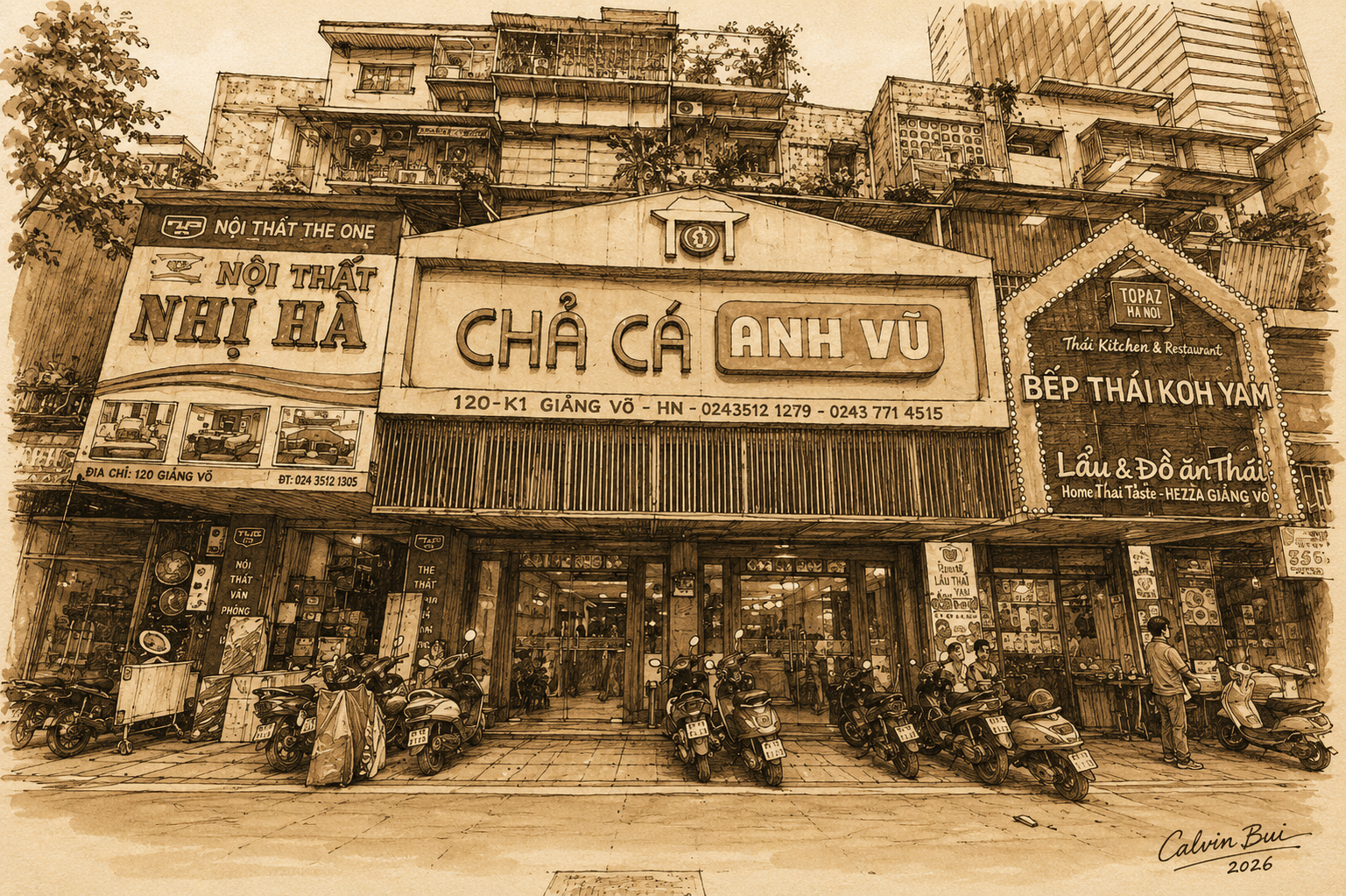 Hand-drawn sepia urban sketch of the Chả Cá Anh Vũ storefront in Hanoi with the large restaurant sign, neighboring shops, parked scooters, and layered city buildings above Giảng Võ Street.