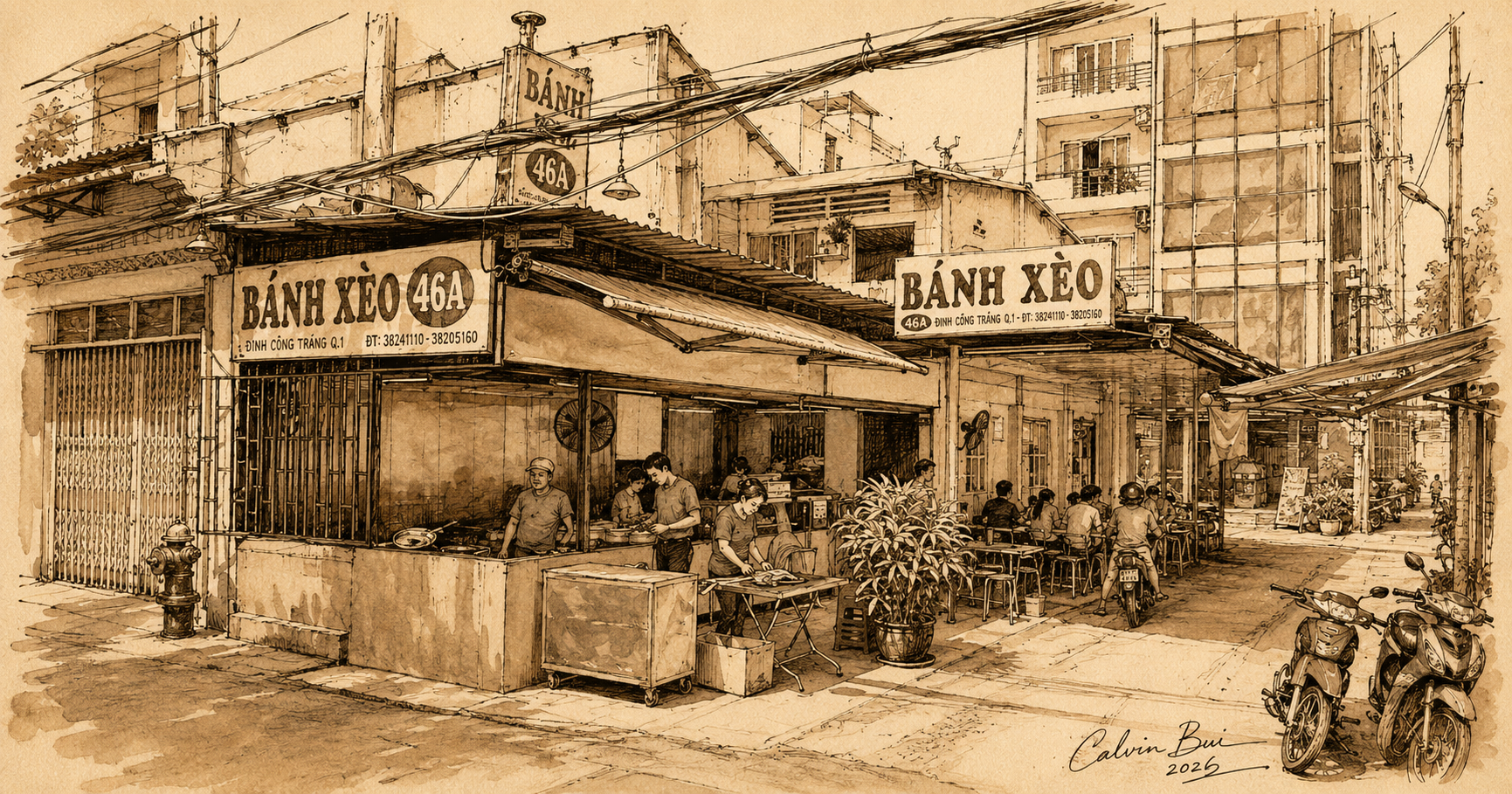 Hand-drawn sepia urban sketch of Bánh Xèo 46A in Saigon, showing the storefront, street-side tables, scooters, signage, and daily restaurant scene.