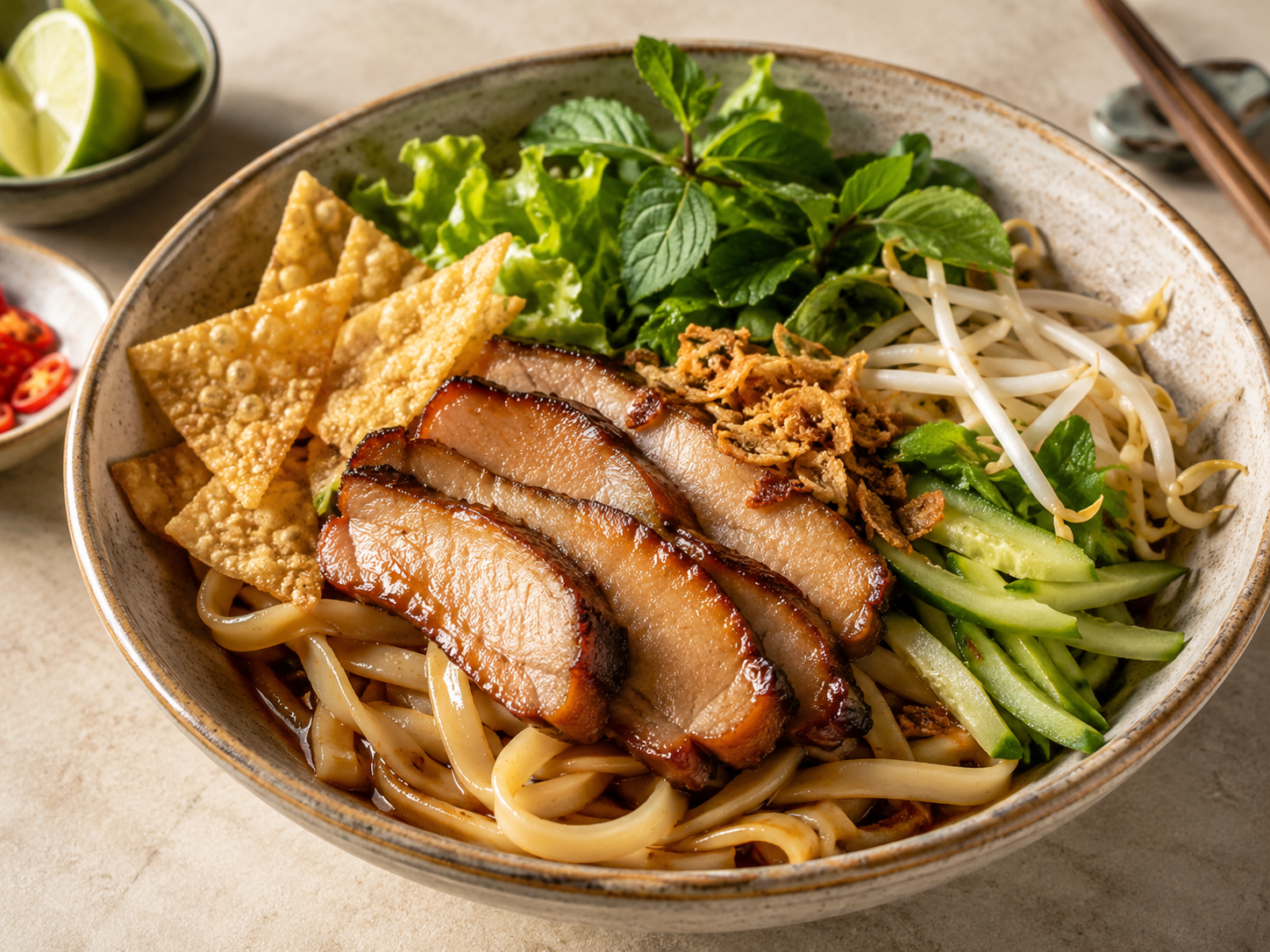Cao lầu Hội An pork noodles with sliced caramelized pork, chewy rice noodles, fresh herbs, bean sprouts, cucumber, crispy crackers, and savory sauce in a ceramic bowl.