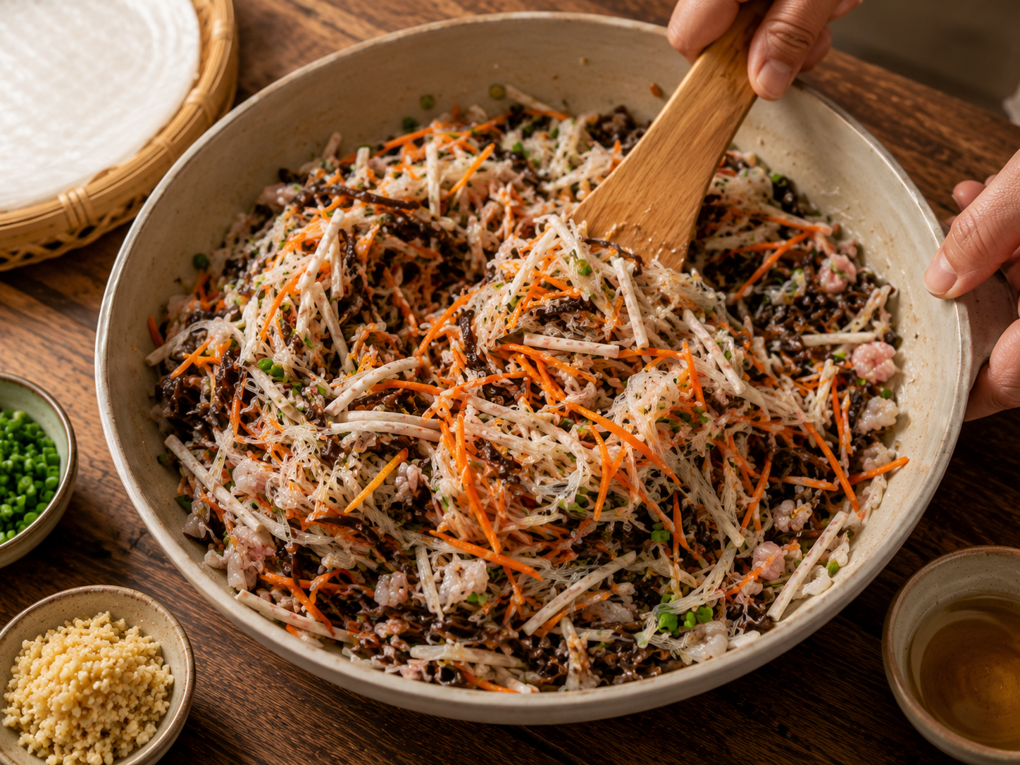 Pork, shrimp, taro, carrot, wood ear mushrooms, and glass noodles being mixed together for Vietnamese chả giò.
