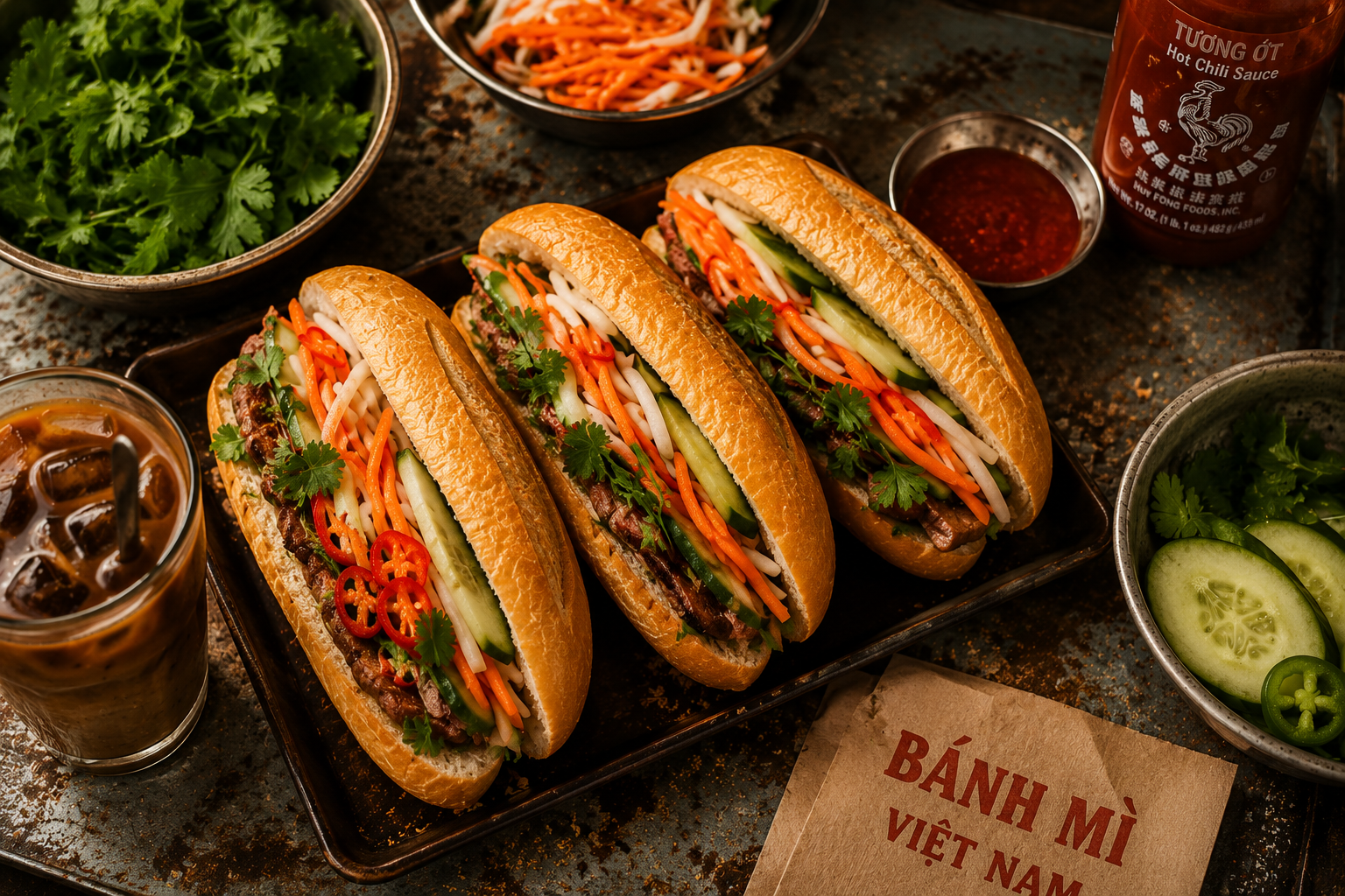 Vietnamese bánh mì sandwiches with grilled meat, pickled vegetables, cucumber, cilantro, chili sauce, fresh herbs, and iced coffee on a rustic table.
