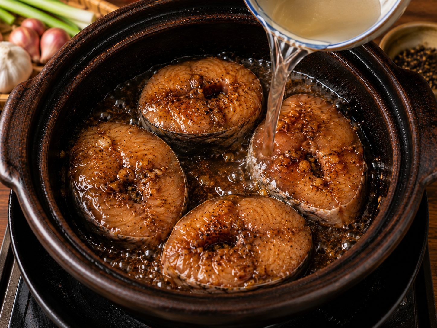 Coconut water being poured around caramel-coated catfish steaks as cá kho tộ begins braising in a clay pot.