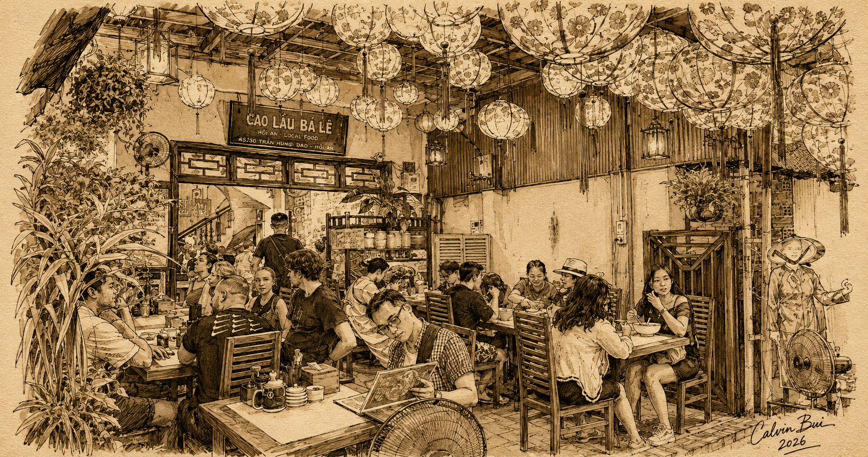 Hand-drawn sepia urban sketch of Cao Lầu Bá Lễ in Hội An with hanging lanterns, yellow walls, diners, wooden tables, plants, and the restaurant sign.