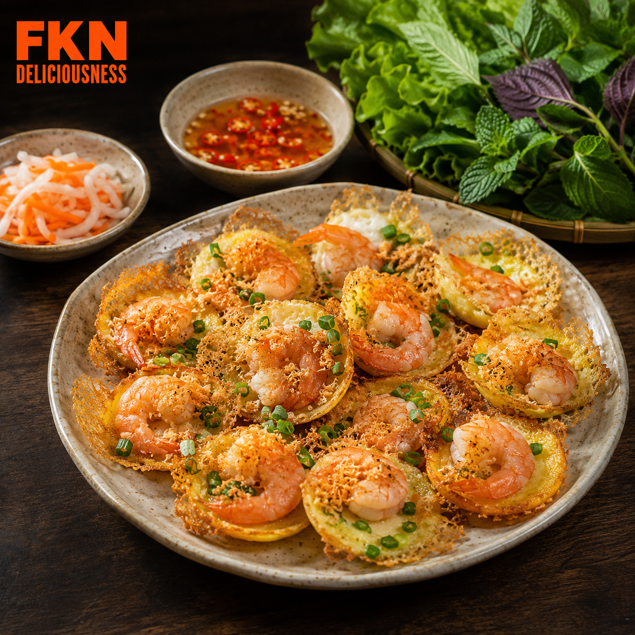 Bánh khọt, Vũng Tàu-style crispy mini coconut pancakes topped with shrimp and scallions, served with mustard greens, fresh herbs, pickled vegetables, and dipping fish sauce.