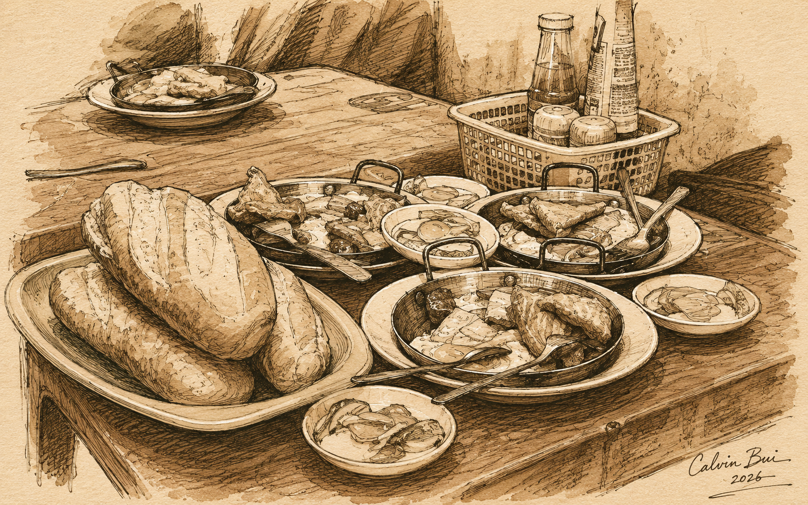 A sepia hand-drawn sketch of a Bánh Mì Hòa Mã breakfast table in Saigon with multiple bánh mì chảo pans, crisp baguettes on a plastic tray, pickled vegetables, condiments, and a casual red street-side table setting.