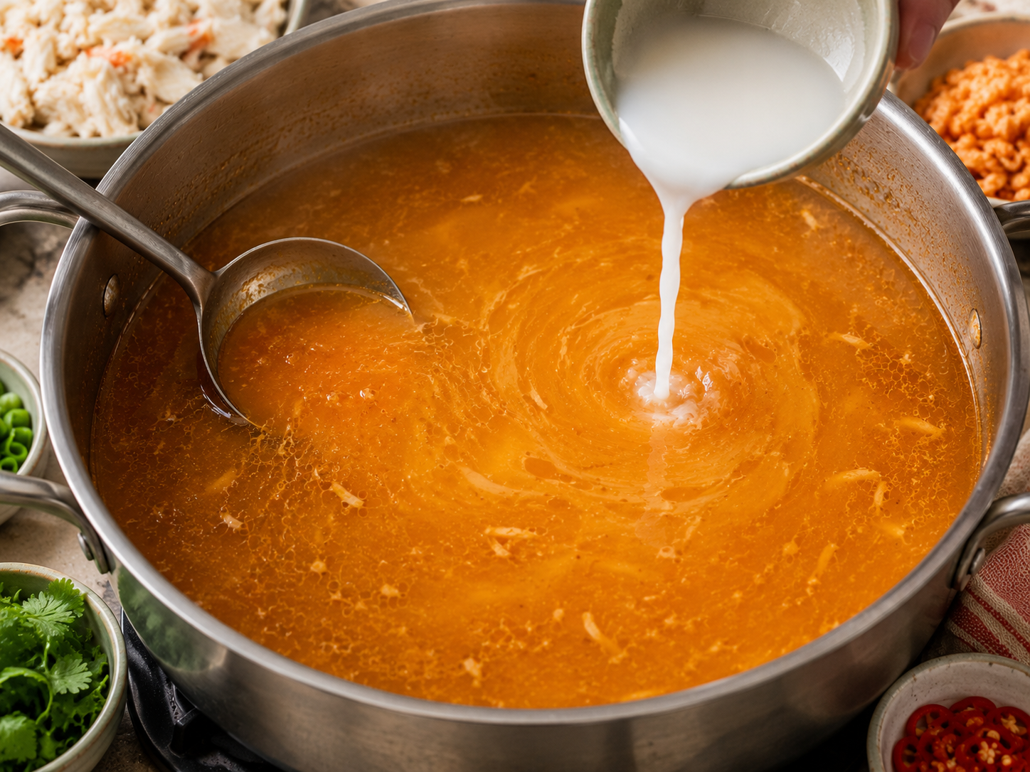 Glossy orange bánh canh cua seafood broth being thickened with tapioca starch slurry in a large pot.