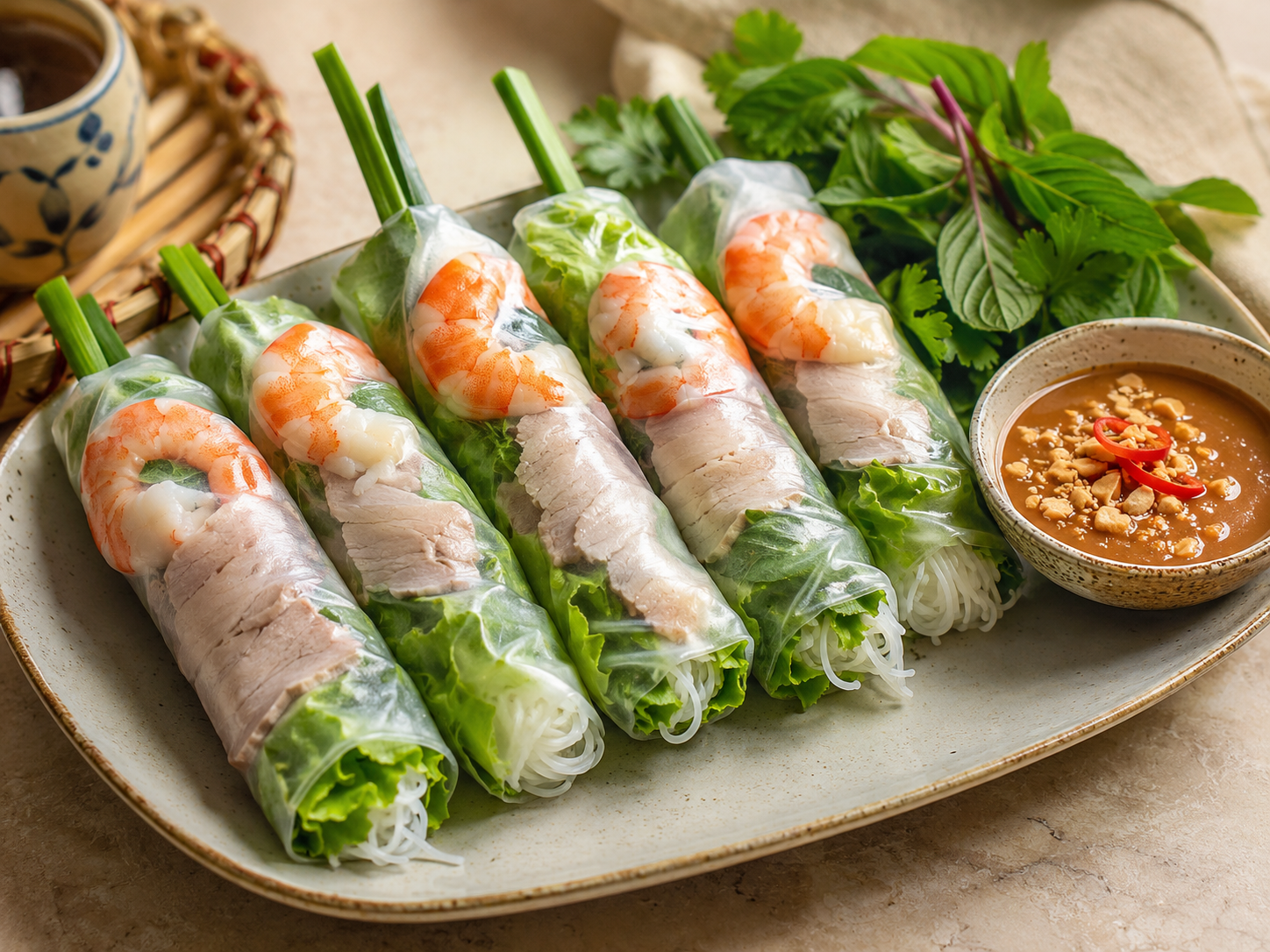 Gỏi cuốn Vietnamese fresh spring rolls filled with shrimp, pork, rice noodles, lettuce, and herbs served with peanut dipping sauce.